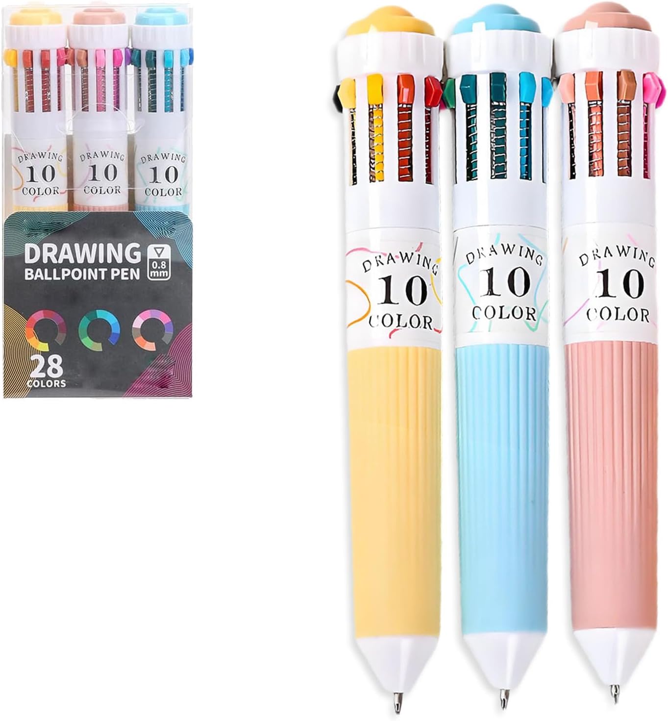 3 Pcs 28 Colour Multi Colour Pen, 0.8mm Retractable Multicoloured Pen, 10-In-1 Switchable Pens Multicolour, Used for Children's Painting Office Supplies and School Supplies