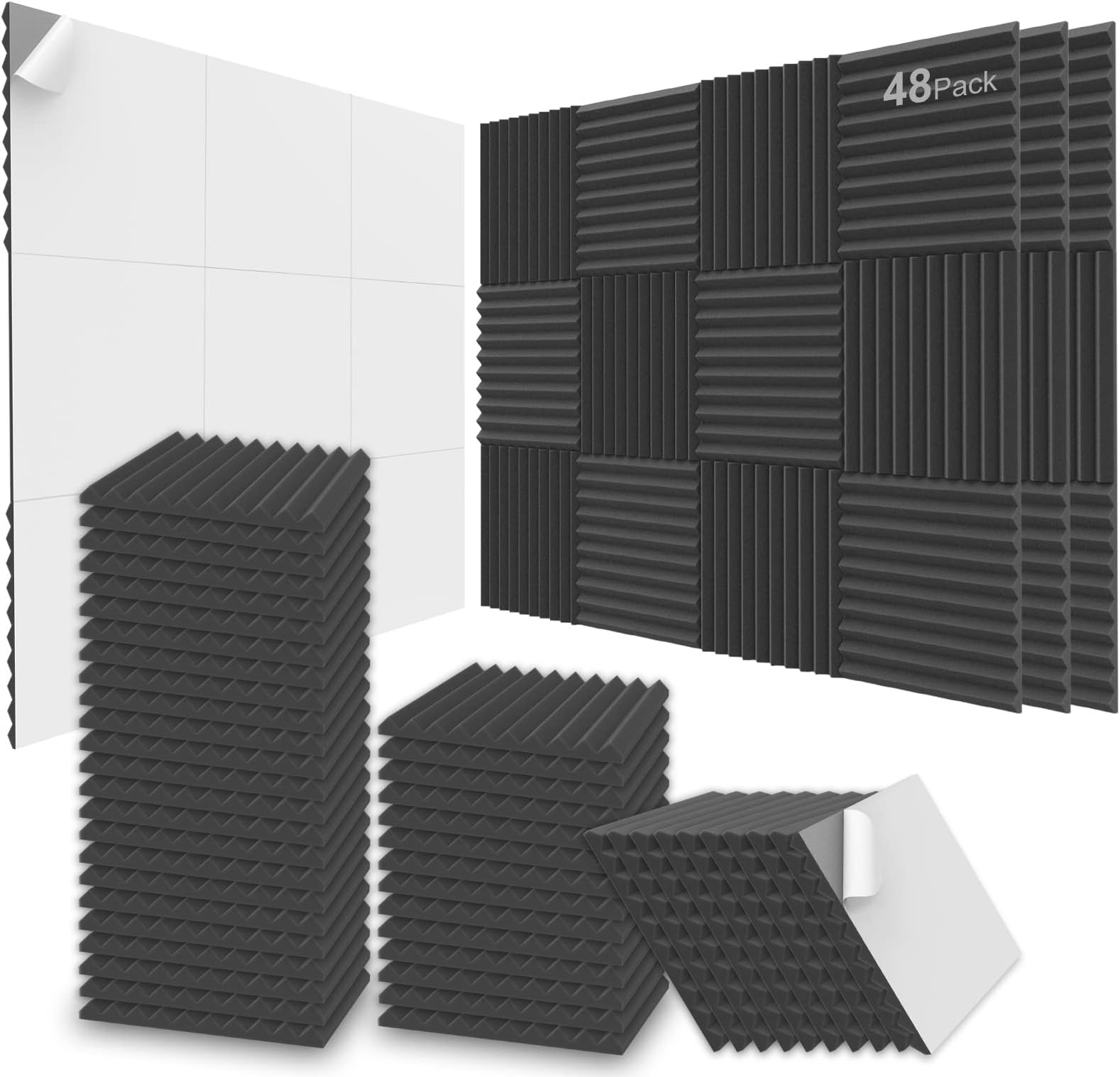 Sound Proofing Panels Self Adhesive, Acoustic Panels, High Density Acoustic Foam Wall Panels for Recording Studio Home Office Bedroom Games Rooms，48 Pack of 30x30x2.5, Black Wedge Self-Adhesive