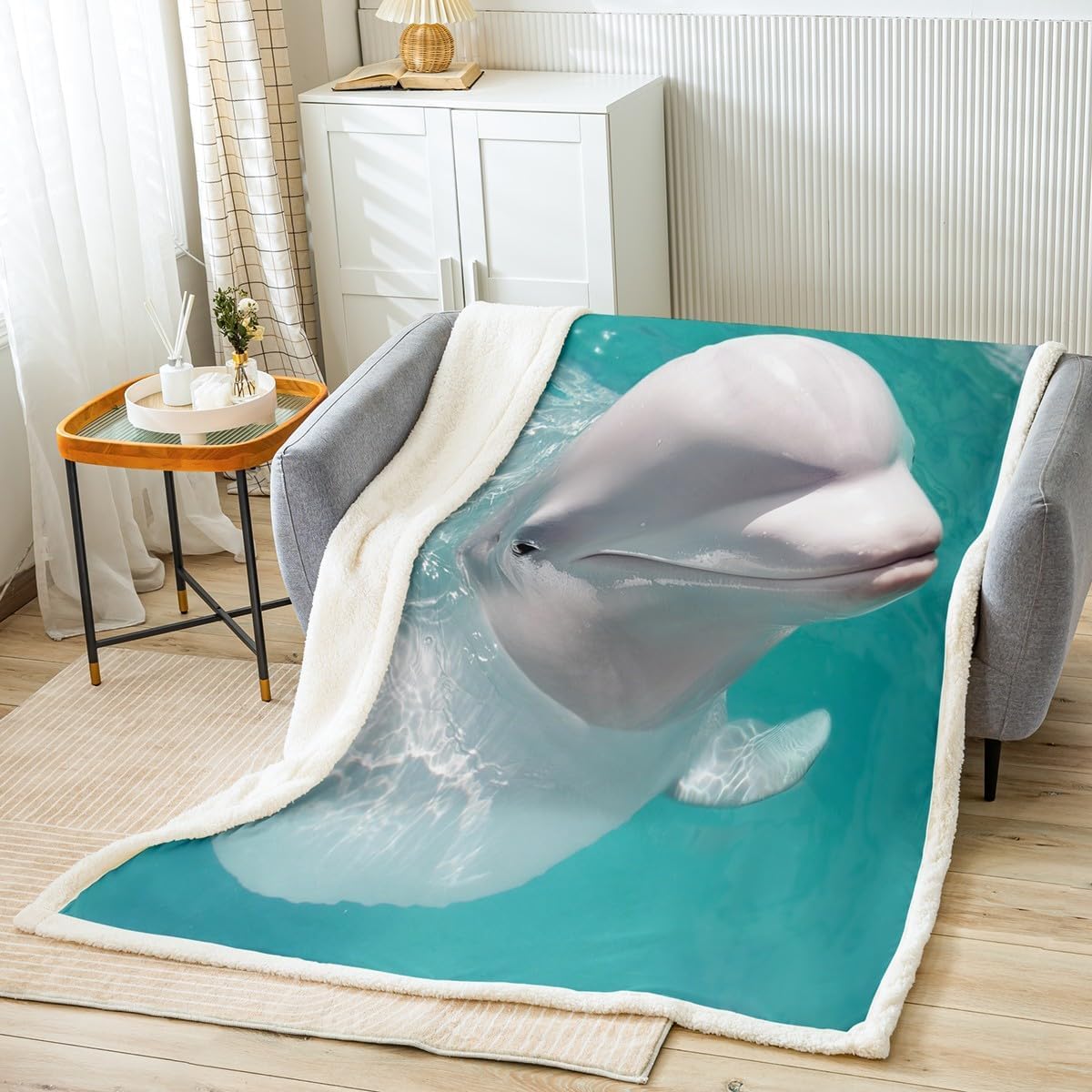 Beluga koc polarowy ze wzorem wieloryba, rozmiar bliźniaków, niebieska woda, nadruk na łóżko, dekoracja domu do biura