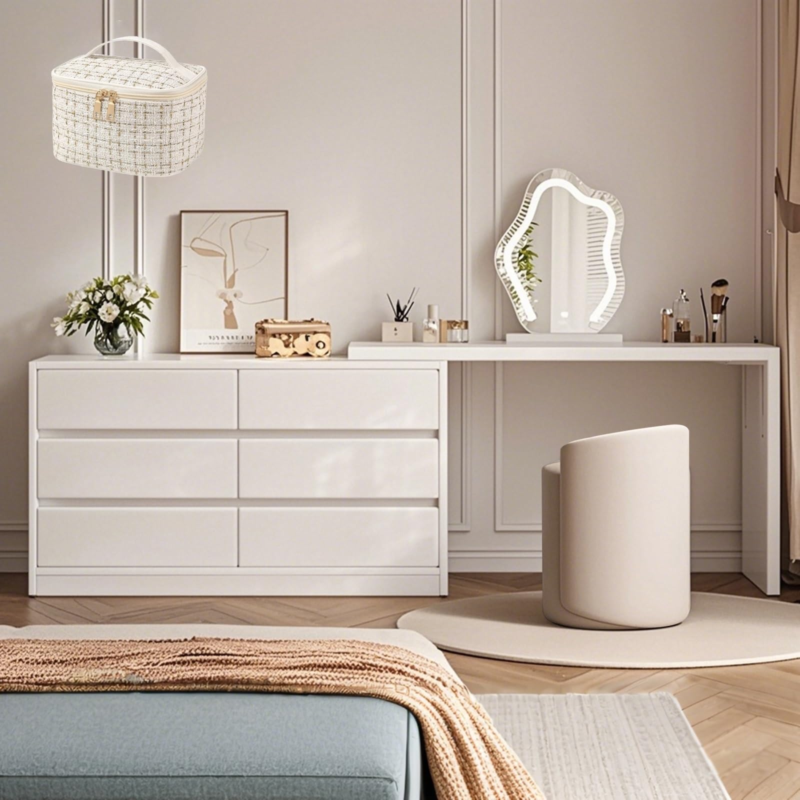 Tavolo da trucco a LED con 6 cassetti, sgabello e uscita per camera da letto, 105 + 100 cm, design moderno, tavolino da toeletta illuminato con contenitore, ideale per gli amanti della bellezza