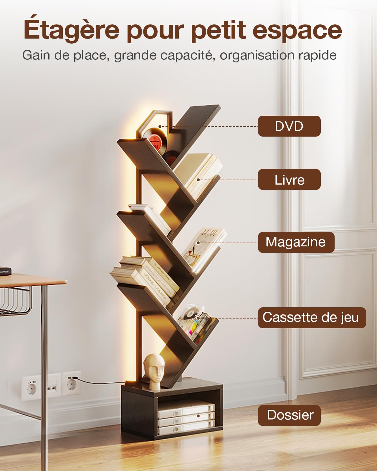 Coleshome Étagère en Forme d'arbre, Bibliothèque sur Pieds à 6 Niveaux, Bibliothèque en Bois Convient pour Les Salons et Les Chambres à Coucher (Noir)