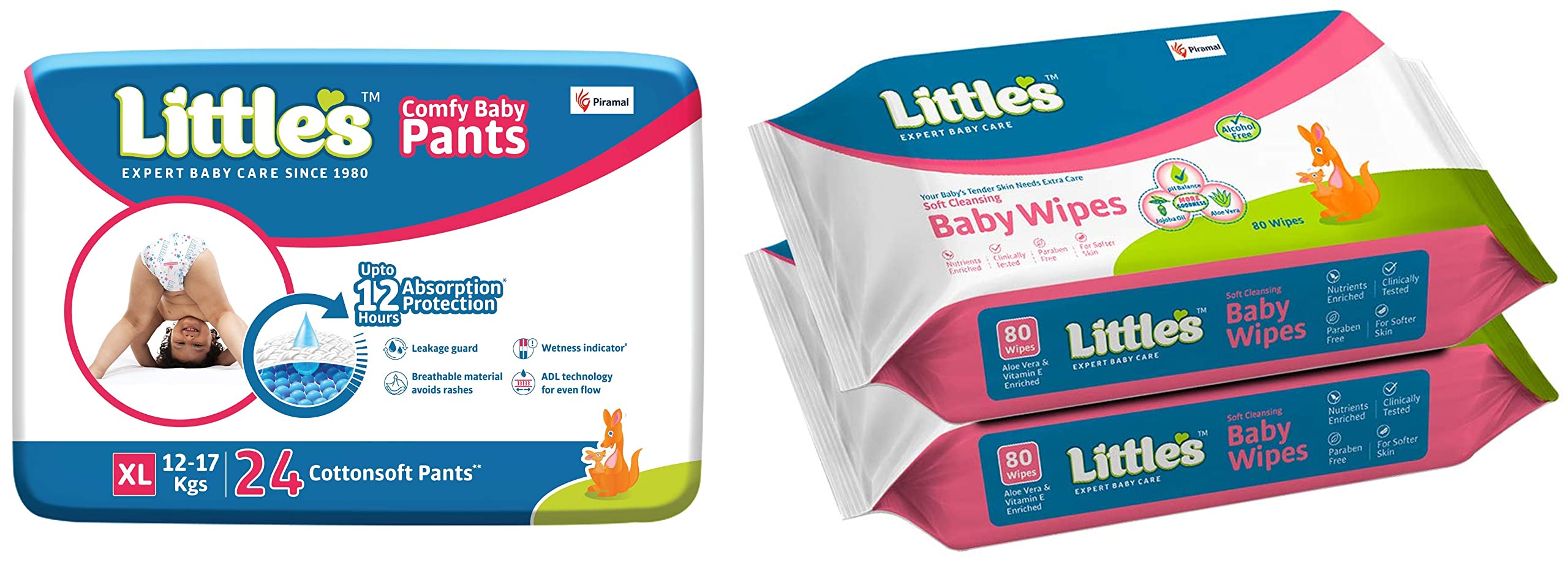 Little's Baby Pants Diapers with Wetness Indicator and 12 Hours Absorption, Extra Large (XL), 24 Count & Soft Cleansing Baby Wipes with Aloe Vera, Jojoba Oil and Vitamin E (80 wipes) pack of 2