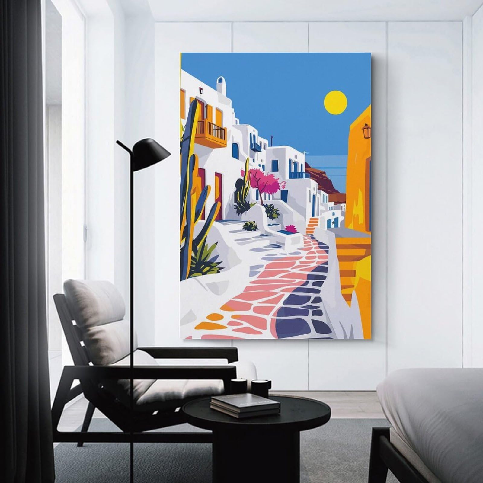 Junmoney Hanging Wall Art Greece Travel Art Mykonos, 24x36inch(60x90cm), for Work Areas, Reading Rooms Or Studios, Wall Art That Adds Style to Work Areas