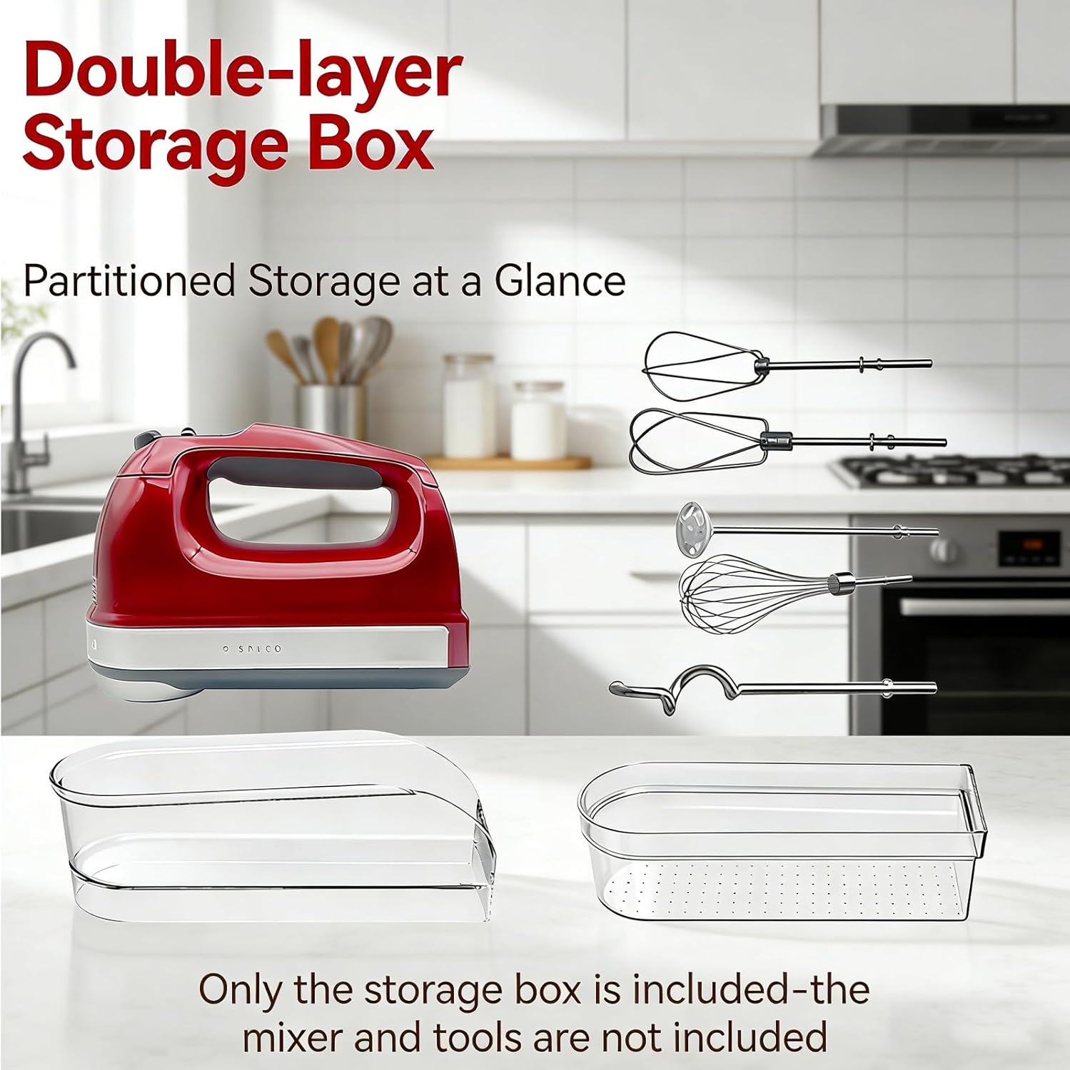 Clear Hand Mixer Storage Case - 2-Layer Acrylic Kitchen Organizer and Countertop Holder for Kitchen Aid & Other Hand Mixers, Utensils, Whisks, and Mixing Accessories - Dustproof, Space Saving