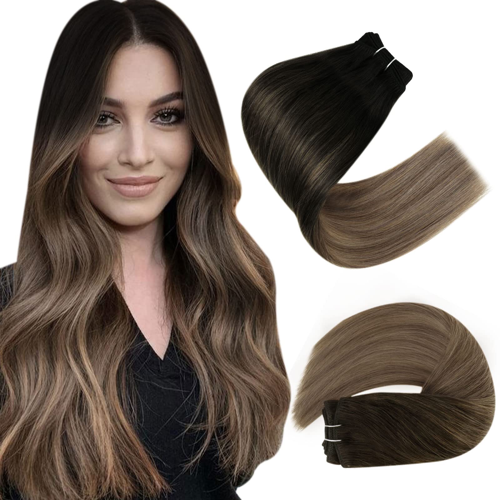 Easyouth Weft Human Hair Extensions - Balayage Ombre Darkest Brown to Chestnut Brown and Ash Blonde - Sew in Real Human Hair 16 Inch 100g