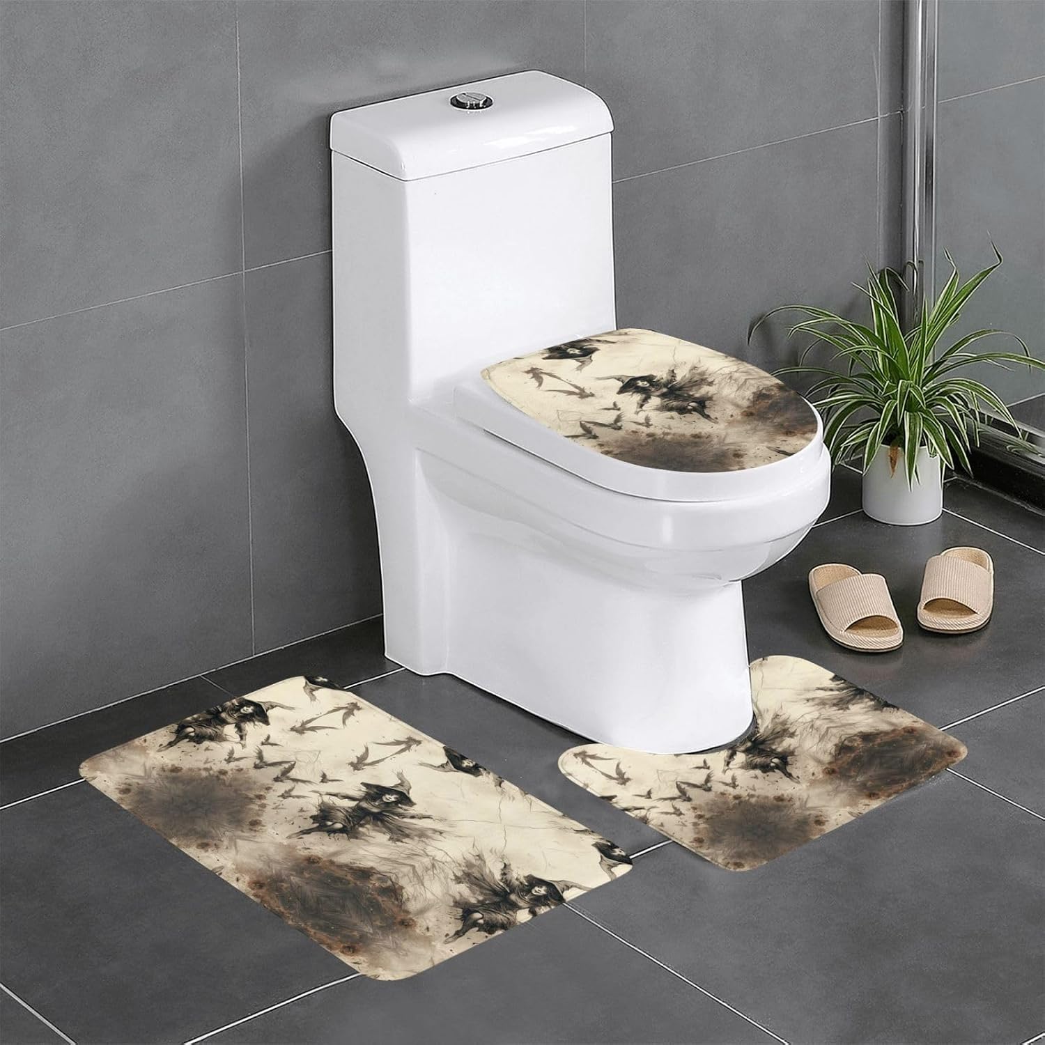JCAKES Halloween Witch Flying Print 3 Piece Bathroom Rugs Set Non-Slip Washable Cover Floor Rug Decorations for Kitchen Bathroom Bedroom