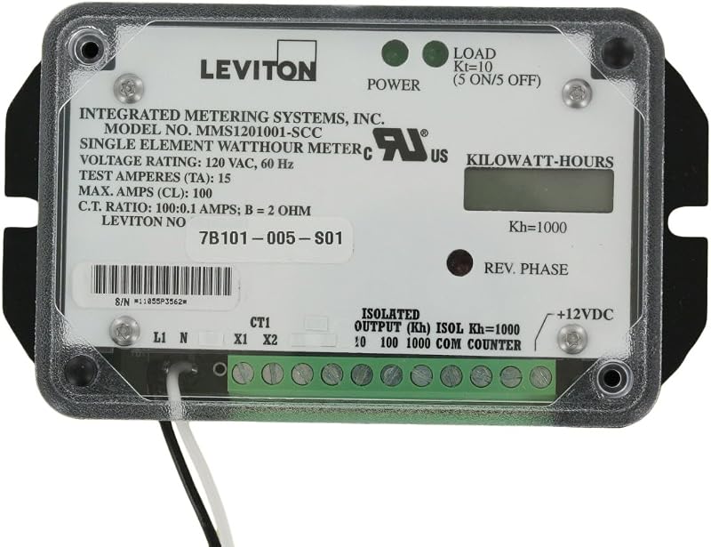 Leviton Submeter, 120V, 1 Phase 2 Wire, Single Element, 100A Mini Meter, 1kWh, No Enclosure, LCD Counter, Electric Meter, 7B101-S01