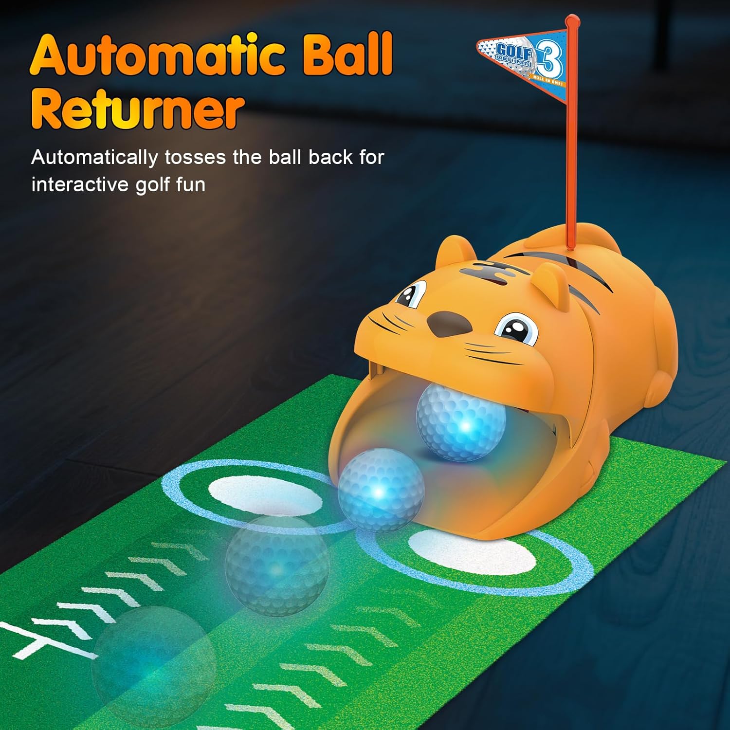 Upgraded Kids Toy Golf Set with Tiger Automatic Returner, Led Light Up Night Golf Balls, 3 Adjustable Golf Club, Putting Mat for 3 4 5 6 7 8 Years Old Boys Girls (Orange) - Image 3