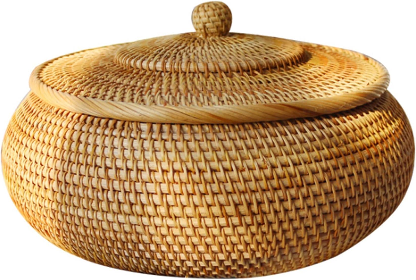 Round Rattan Box, Wicker Basket for Fruit Lid, Tray for Storage, Woven Willow Basket for Snack