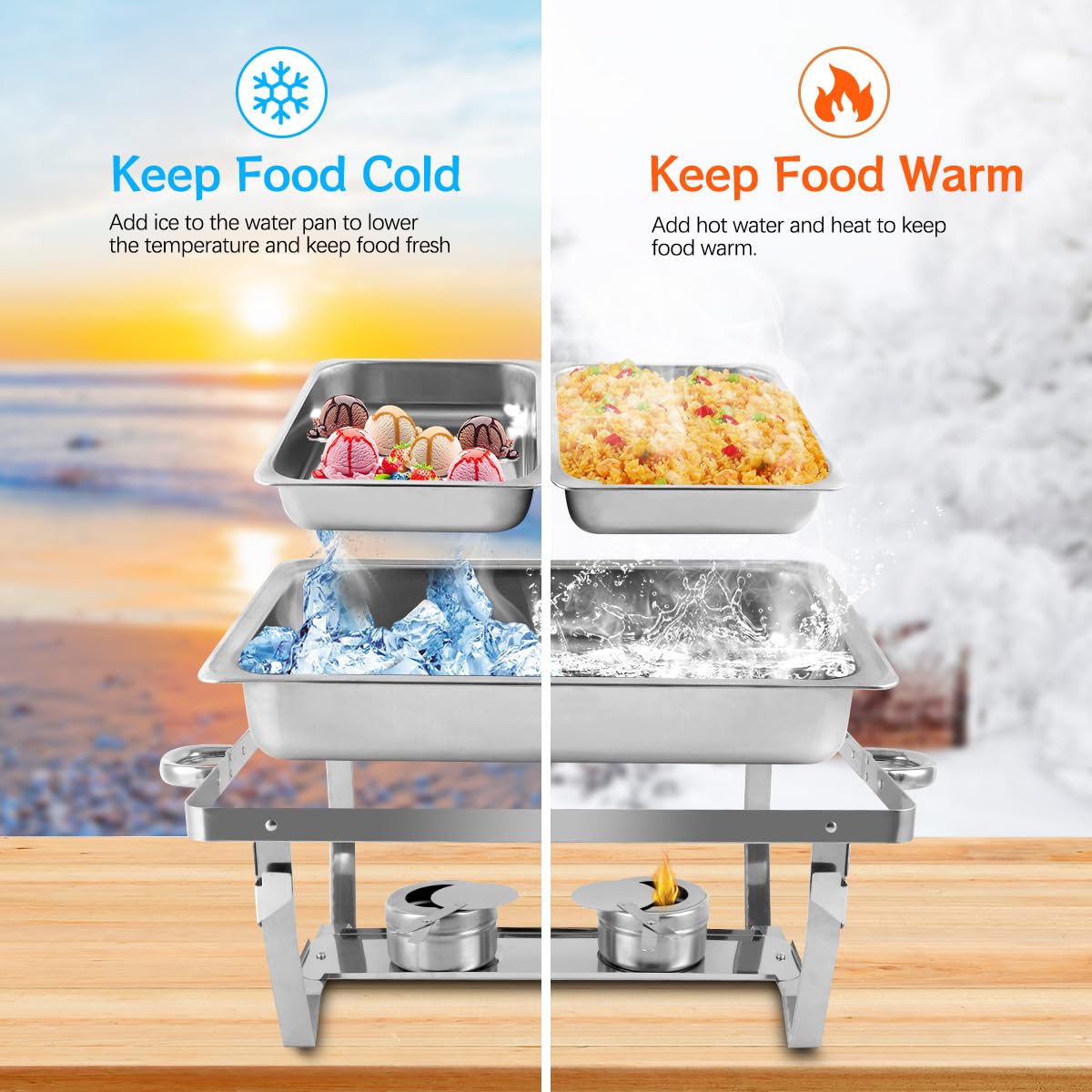 Chauffe-Plats en Acier Inoxydable, 9L Chafing Dish, Buffets Chauffants avec Pinces et Cuillères pour Fêtes, Mariage, Banquets, Restauration (4 pièces, 8 x GN 1/2)