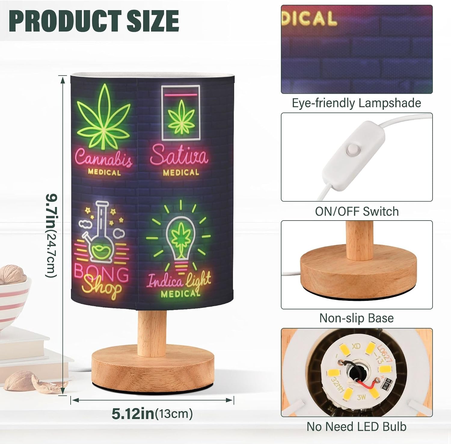 Table Lamp Neon Marijuana Cannabis Hemp Leaf Medical Sign Print Nightstand Lamp with Wood Base Fabric Lamp Shade Bedside Desk Lamp for Living Room Bedroom Kids Room Office
