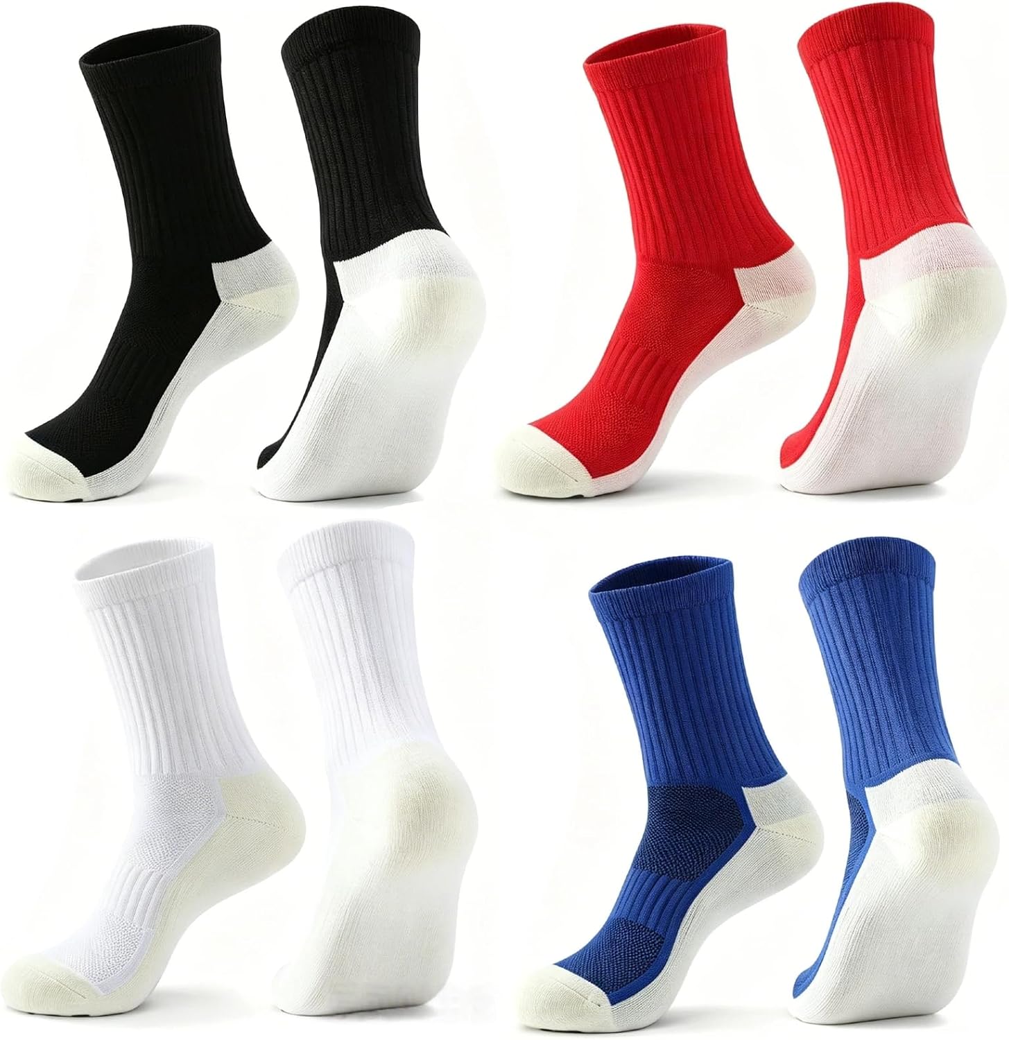 4 Set Anti Slip Soccer Socks with Shin Guard Sleeves, Non Skid Athletic Grip Socks for Youth Adult Men Women, Breathable Sports Sock Set for Soccer Rugby Training，(4 colors, black, white, red, blue)