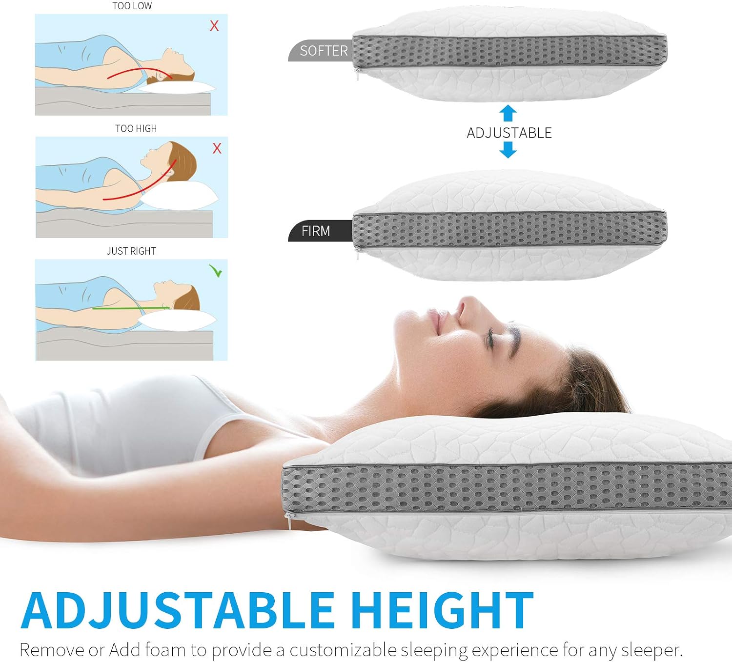 J JIMOO Bed Pillow for Sleeping, Shredded Memory Foam Pillow Adjustable Loft Washable Hotel Pillow with Cooling Bamboo Derived Rayon Cover for Side and Back Sleeper, Standard 1 Pack