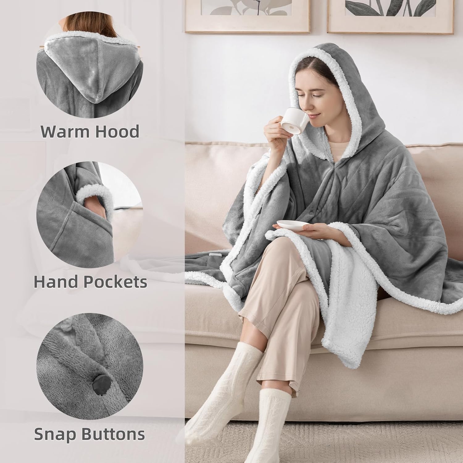Wearable Heated Throw Blanket, Heated Shawl Electric Wrap Poncho with Hood & Pockets for Women & Men, 5 Heat Settings, 3H Auto-Off, Machine Washable, ETL Certified, Gift-Ready, 56x63, Dark Grey - Image 4