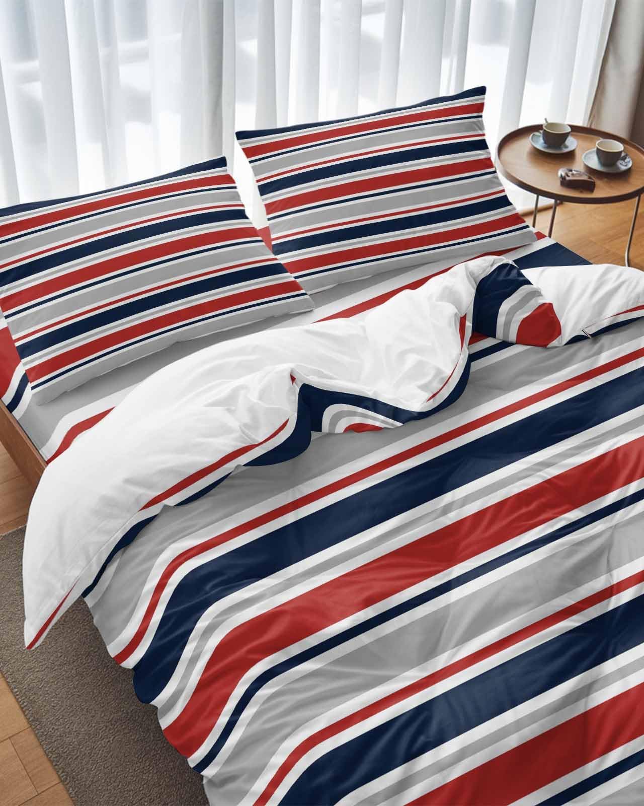 Duvet Cover Set of 4 Queen Size Red Stripes Comforter Sets, Grey Navy BlueClassic Striped Bedding Set with Zipper Closure and 2 Pillow Cases, Soft Lightweight Bed Covers Bedroom Decor for All Season