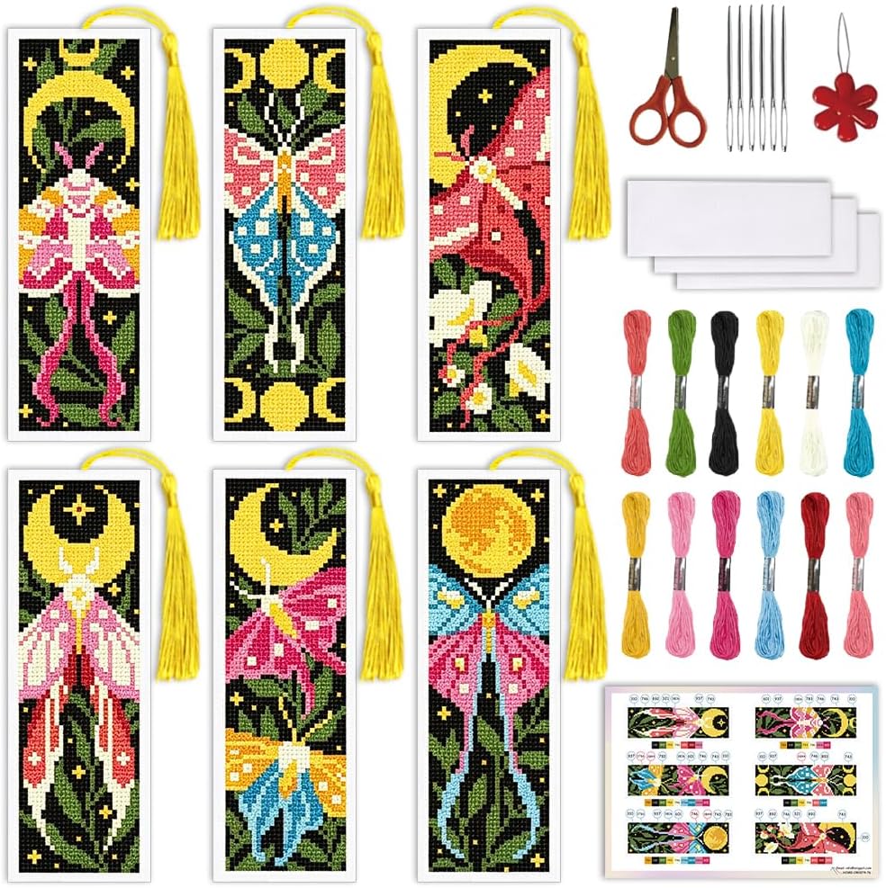 ORIGACH 6 Set Celestial Moon Moth Cross Stitch Bookmark Kit with Tassel