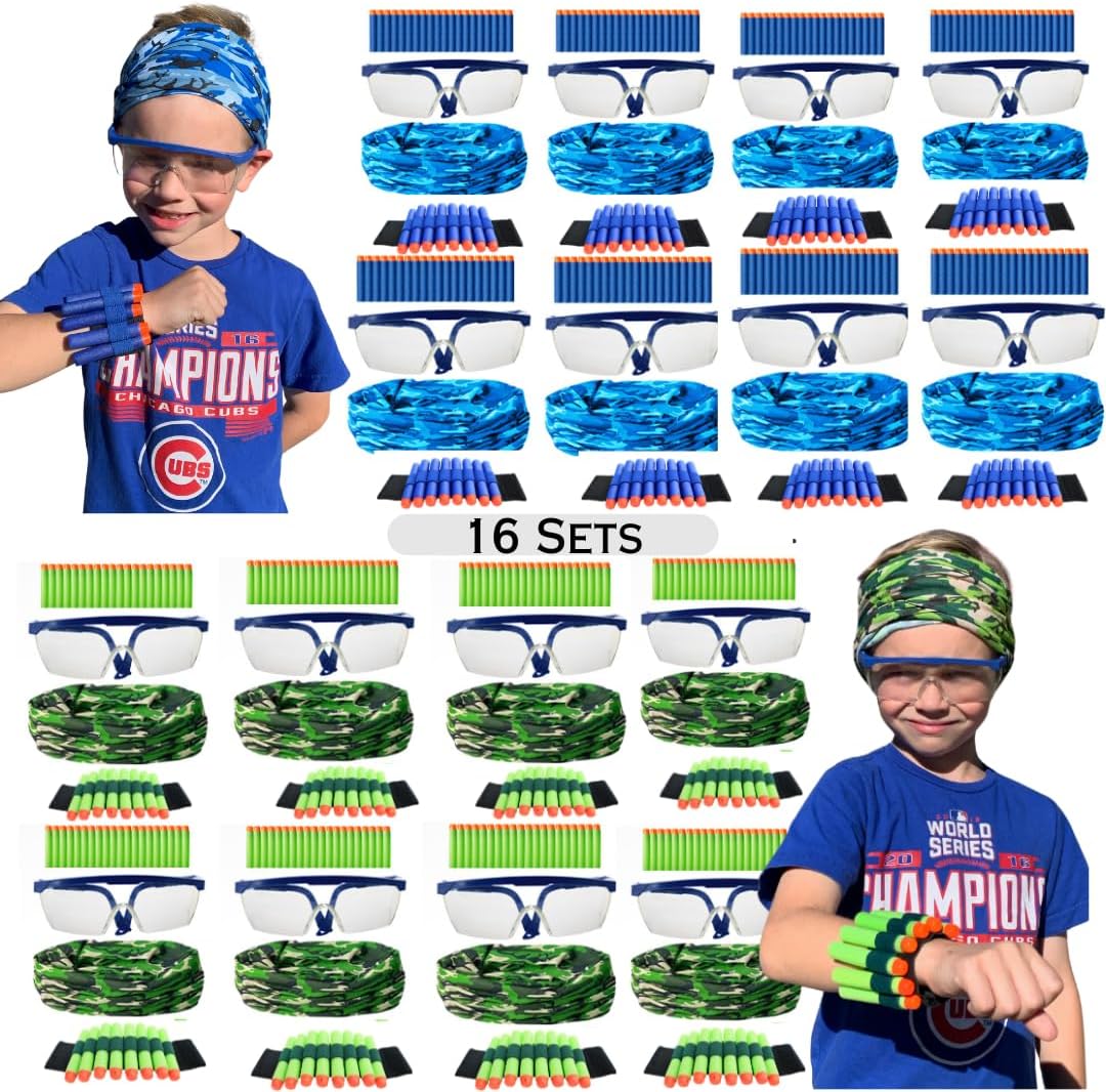 Accessories for Nerf Party Supplies -16 Sets. Kids Birthday Favors Bulk Pack with Darts, Glasses, Masks, and Wristbands for Boys’ Birthday Parties and Nerf War Teams