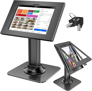 AboveTEK Anti-Theft iPad Kiosk Stand, POS iPad Security Stands, Aluminum Locking Tablet Stand with Heavy Duty Base, 360 Swivel & 75 Tilt, Retail Desk Mount for Business & Commercial Use Black