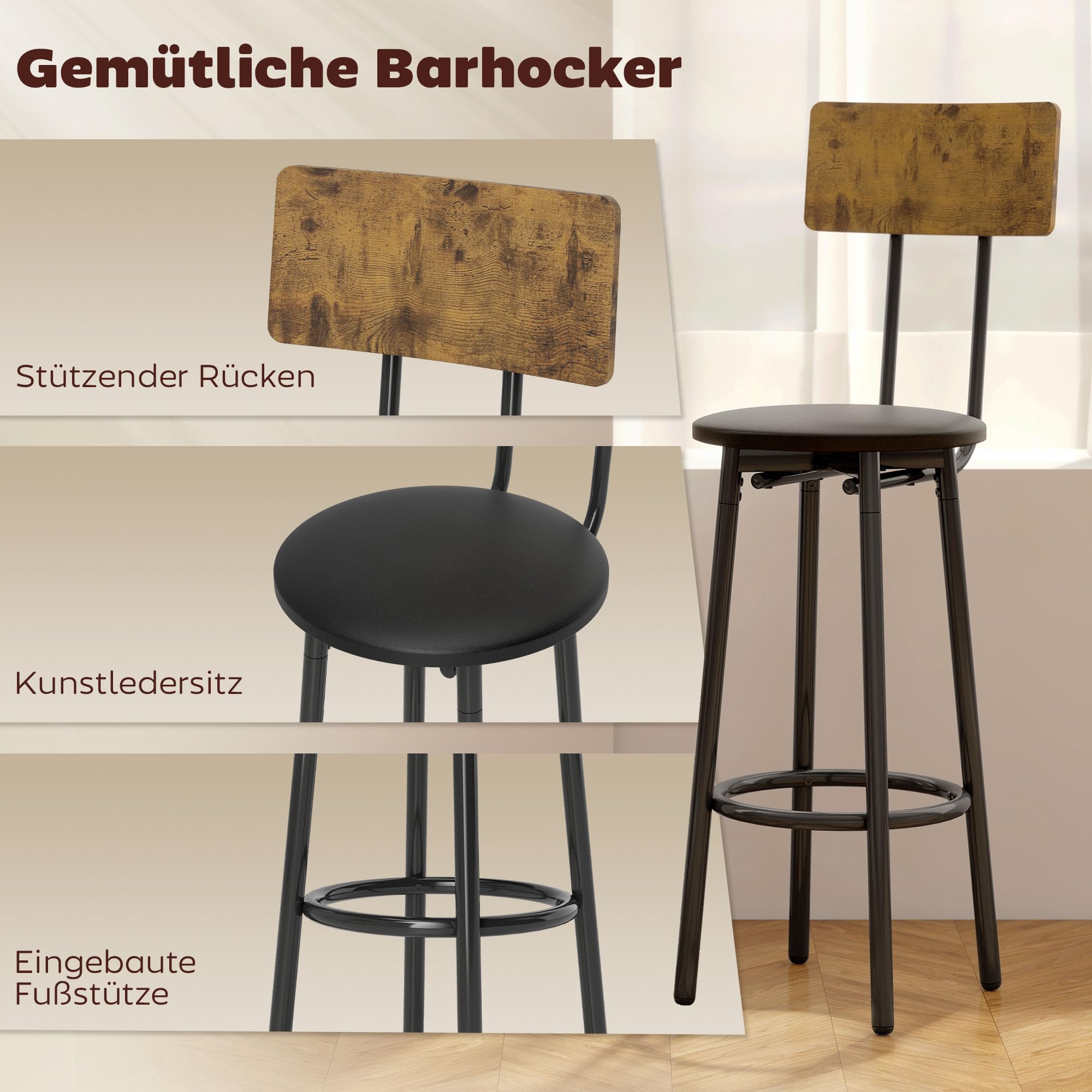 HOMCOM Bartisch mit Barhocker-Set Esstisch mit 2 Gepolsterten Stühlen mit Fußstütze, Metallrahmen, Industrial Bartisch Set Küchetisch mit Ablage für Esszimmer, Kleine Raum, Rustikal-Braun