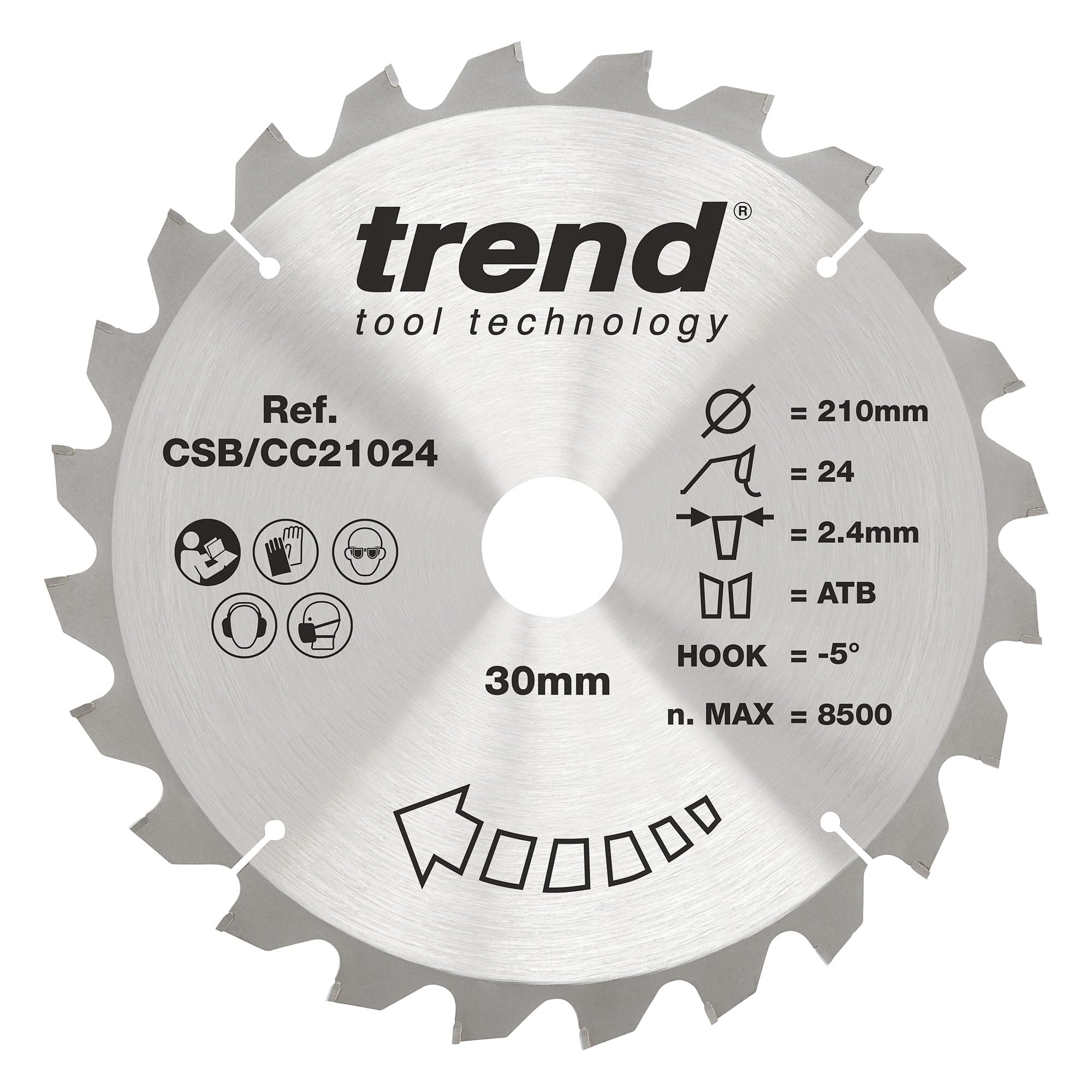 Trend Wood Mitre Saw Blade, 210mm Diameter, 30mm Bore, 24 Teeth, 2.4mm Kerf, -5° Hook, TCT, Coarse Finish, CSB/CC21024
