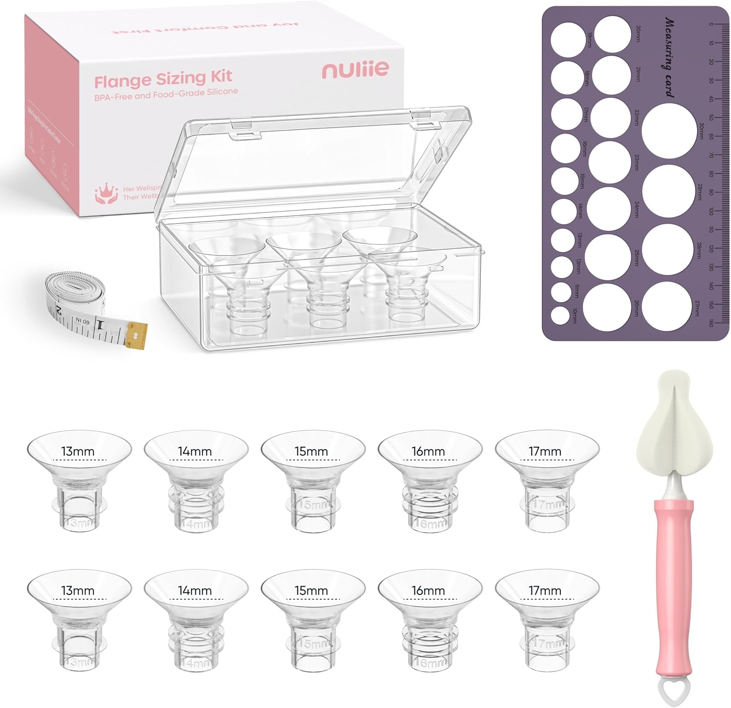 Nuliie 5-in-1 Flange Sizing Kit 13/14/15/16/17mm for 24mm Flange/Shield of Most Pumps, 10PCS Silicone Flange Inserts to Boost Pumping Efficiency & Comfort, BPA-Free Pump Essential for Moms