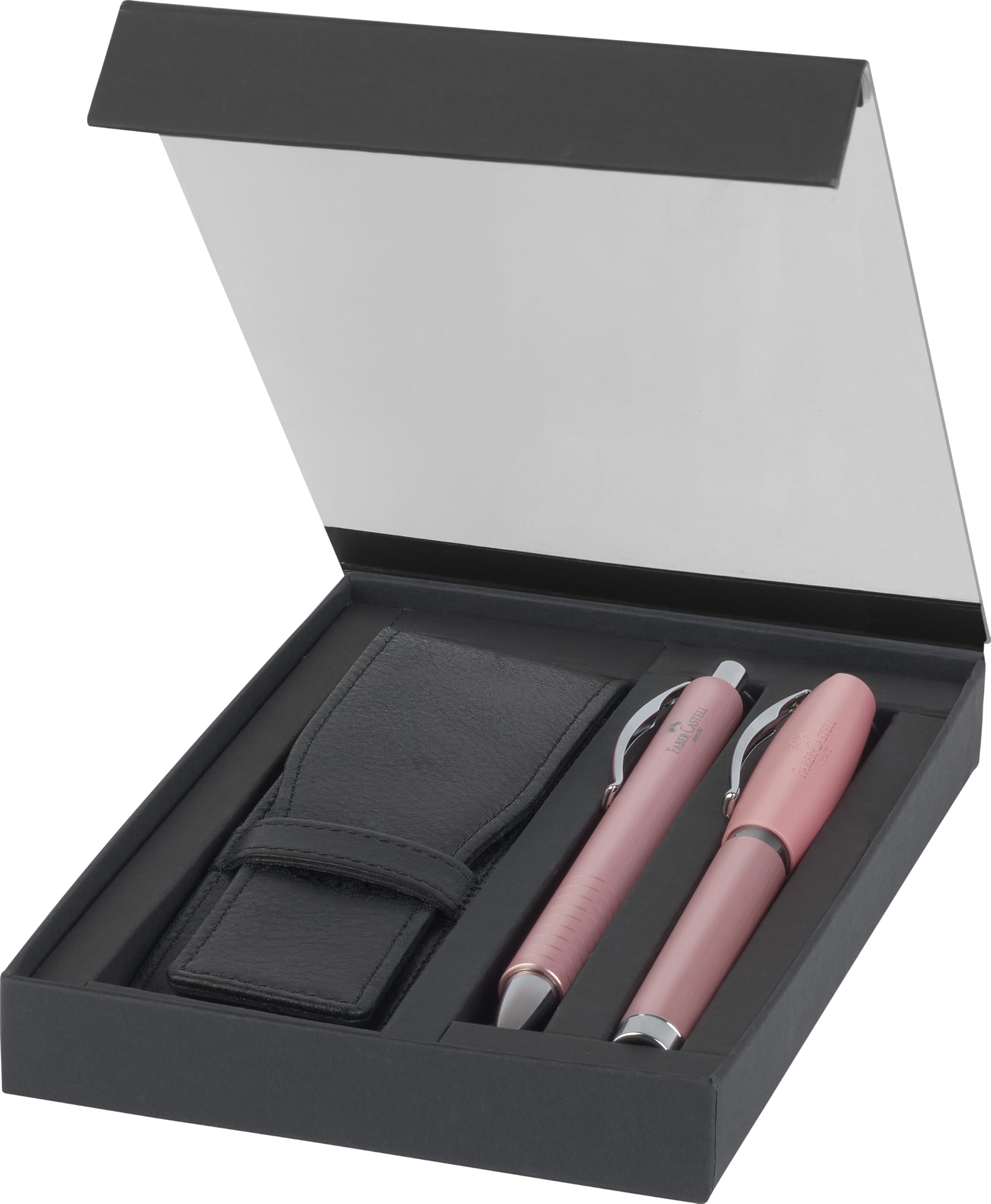 FABER-CASTELL 202188 Essentio - Set de regalo de aluminio rosa con pluma estilográfica, bolígrafo y estuche para bolígrafos