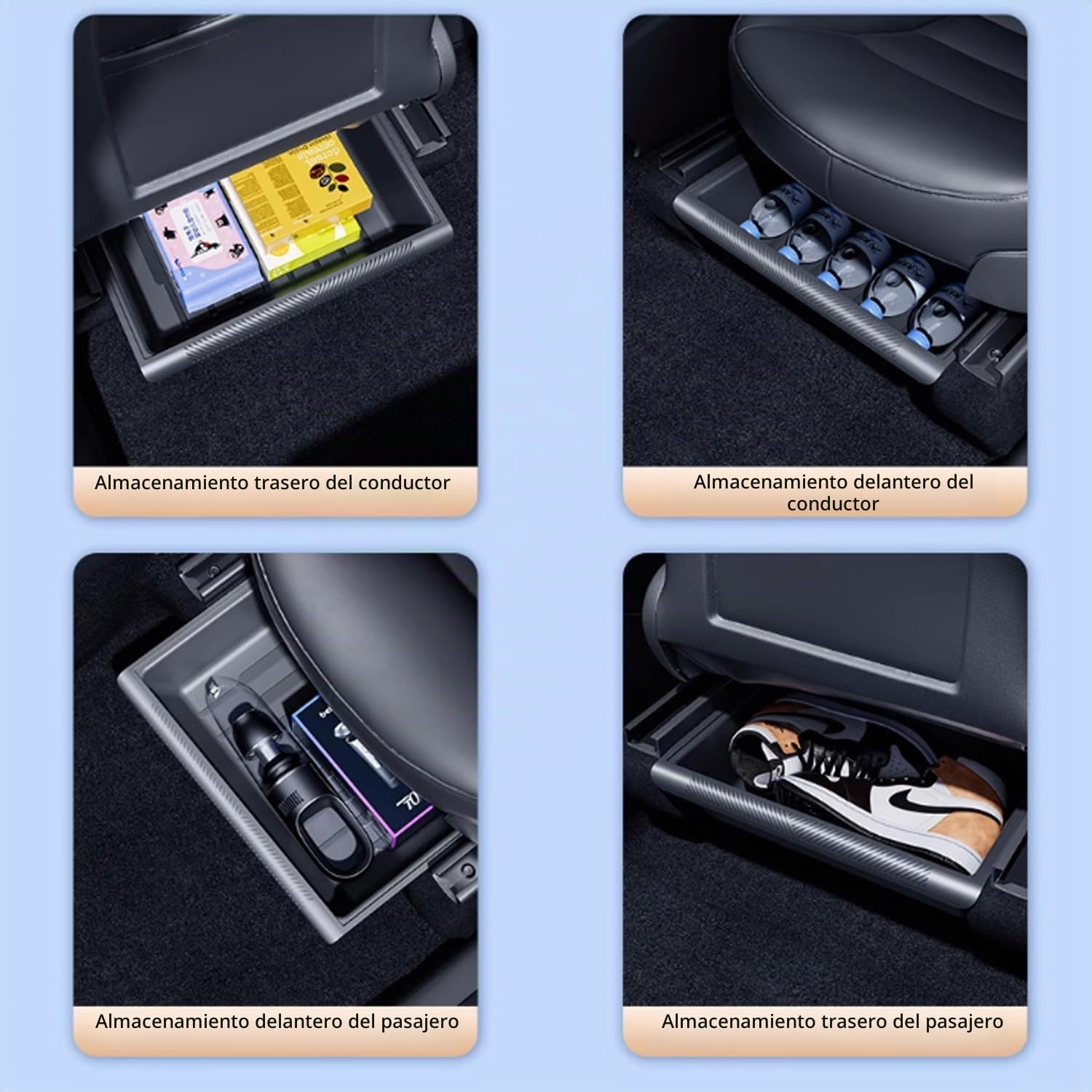 TOPABYTE Organizador de Caja de Almacenamiento Debajo del Asiento para Tesla Model Y 2020-2024 Bandeja Oculta con tapa Cubierta de TPE Accesorios de Cajones, Negro, 2 Paquetes
