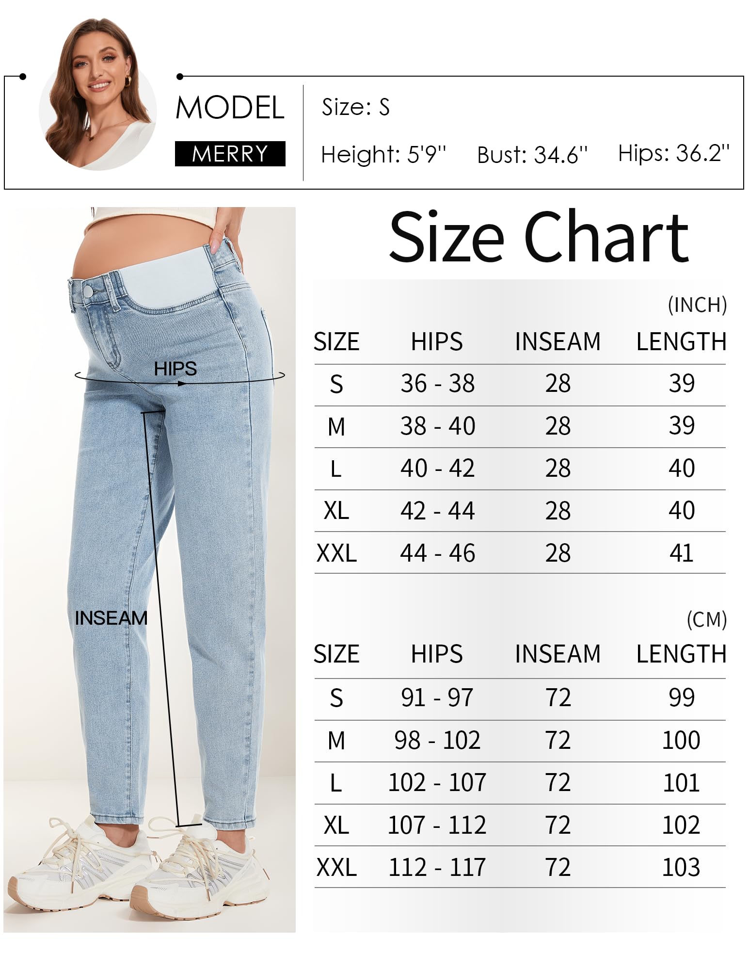 FABRACK Jean de maternité pour femme - Taille mi-haute - Extensible - Jean boyfriend sous le ventre - Pantalon de grossesse avec empiècement élastique