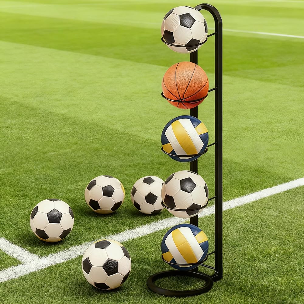 Rangement Ballon 5 Niveaux, Porte Ballon sur Pieds Métal 115.5 × 23.5 cm, Noir