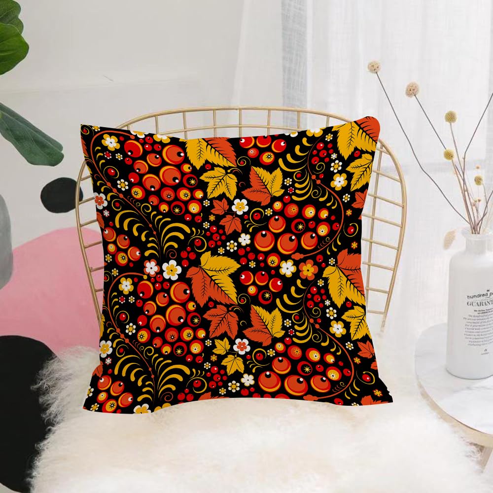 HYOSXW Cushion Cover,Throw Pillow Case Home Decorative for Living Room Bedroom Sofa Chair 16X16 Inch,Khokhloma vector seamless pattern in slavic folk style black backdrop,Pillowcase 40X40cm