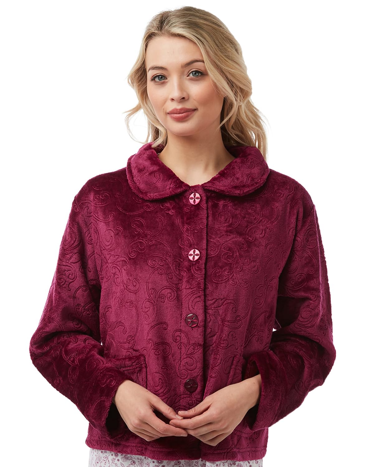 Slumber Hut Ladies Embossed Button Bed Jacket Dark Rose 22-24