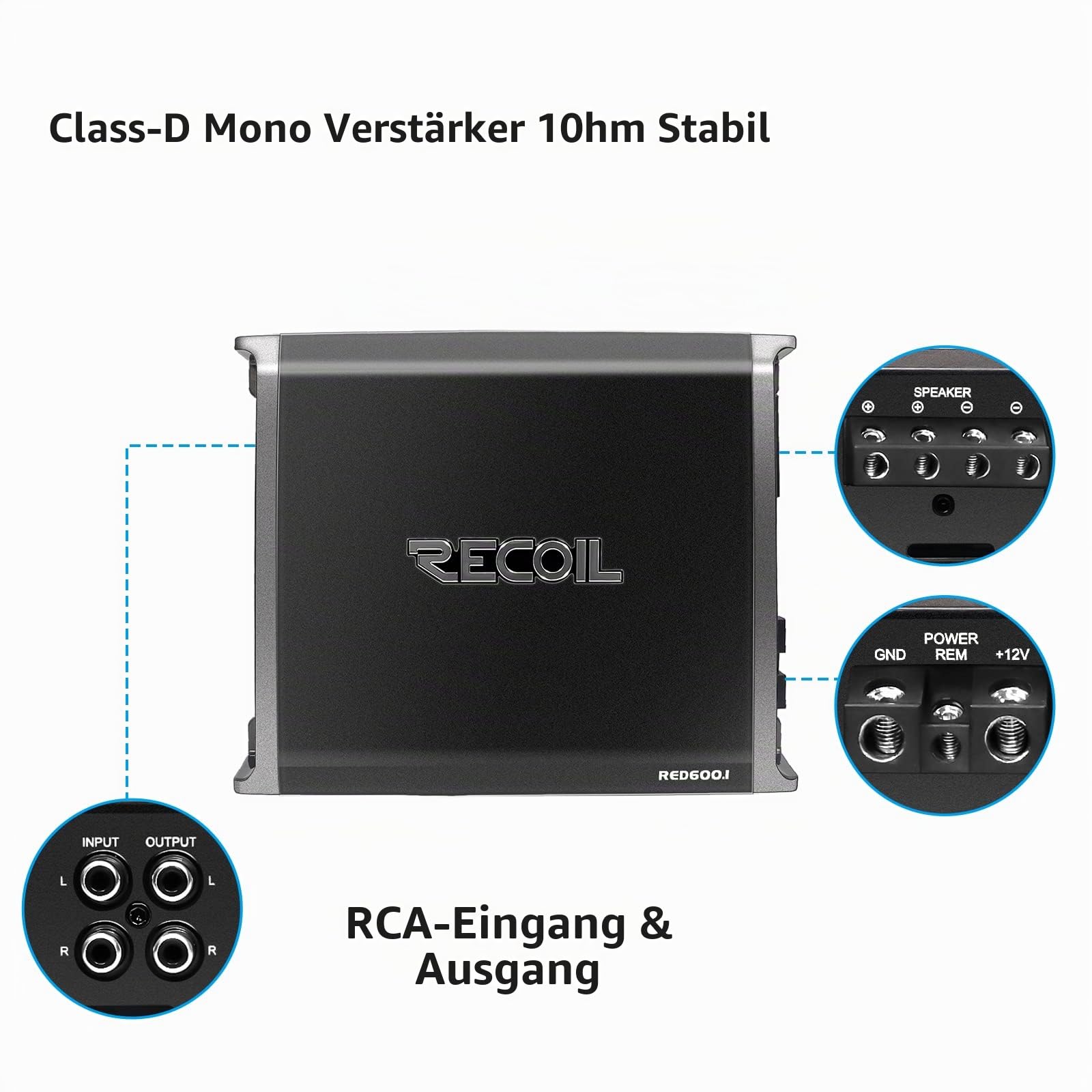 RECOIL RED600-1 1-Kanal Auto-Verstärker (Monoblock) für Subwoofer – 1320 Watt Class D, 1 Ohm stabil – mit Bass-Fernbedienung