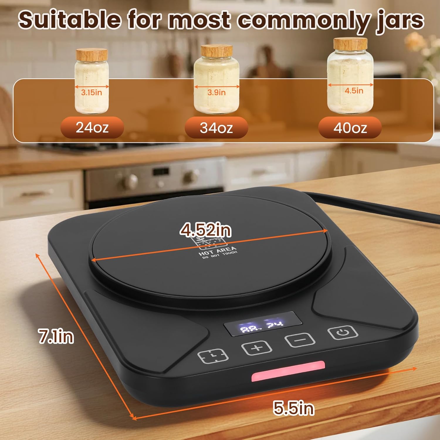 Sourdough Starter Warmer with 1°F Thermostat Control(70-100℉)24H Timer Memory Function Heating Pad for Fermentation, Heating Mat for Home Baking Fits Jars Up to 40oz (Black)