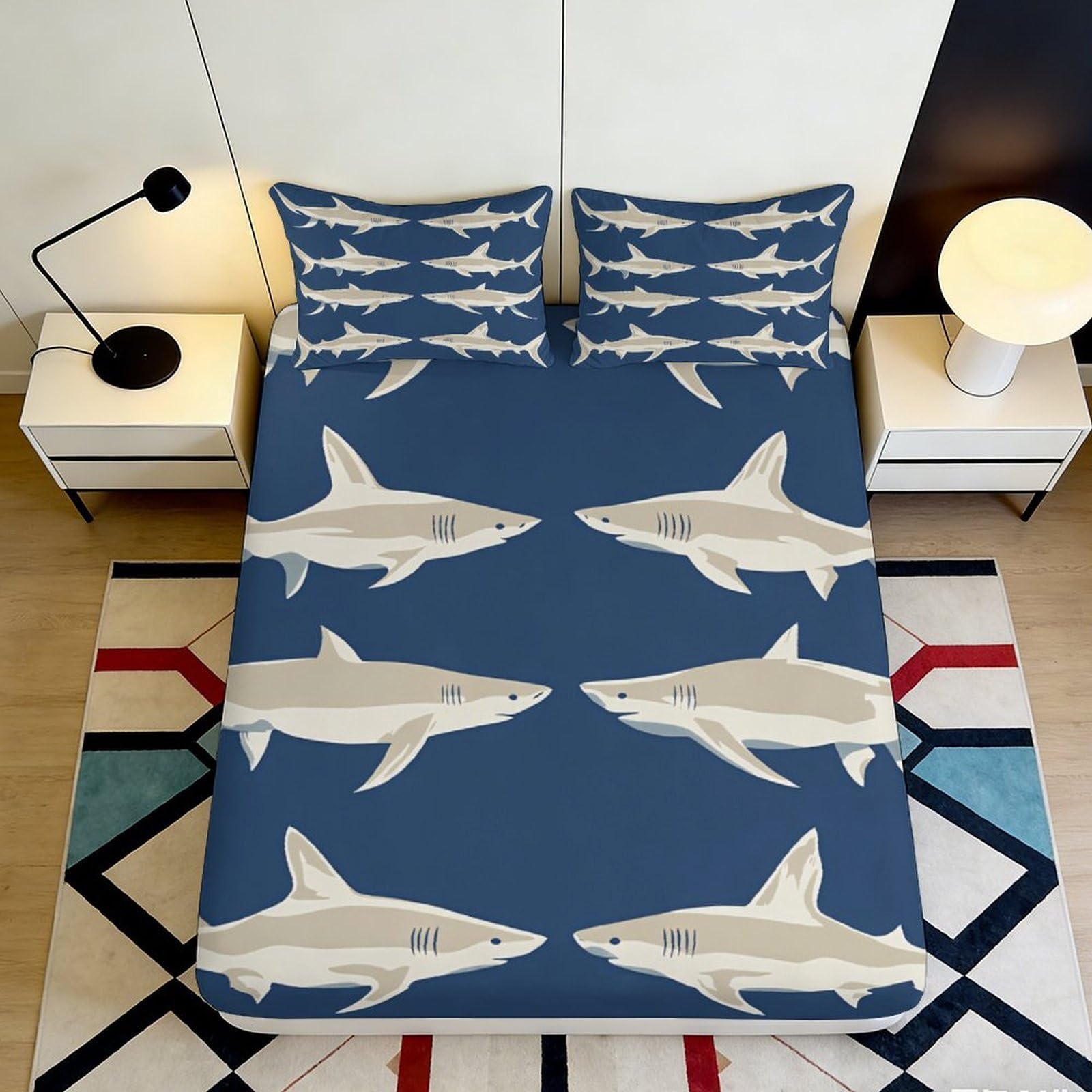 3D Printed Shark Ocean Fitted Sheet Microfiber Soft Blue Sea Mattress Cover Anti-Slip Machine Washable for Bedroom Dorm 180x200x25cm