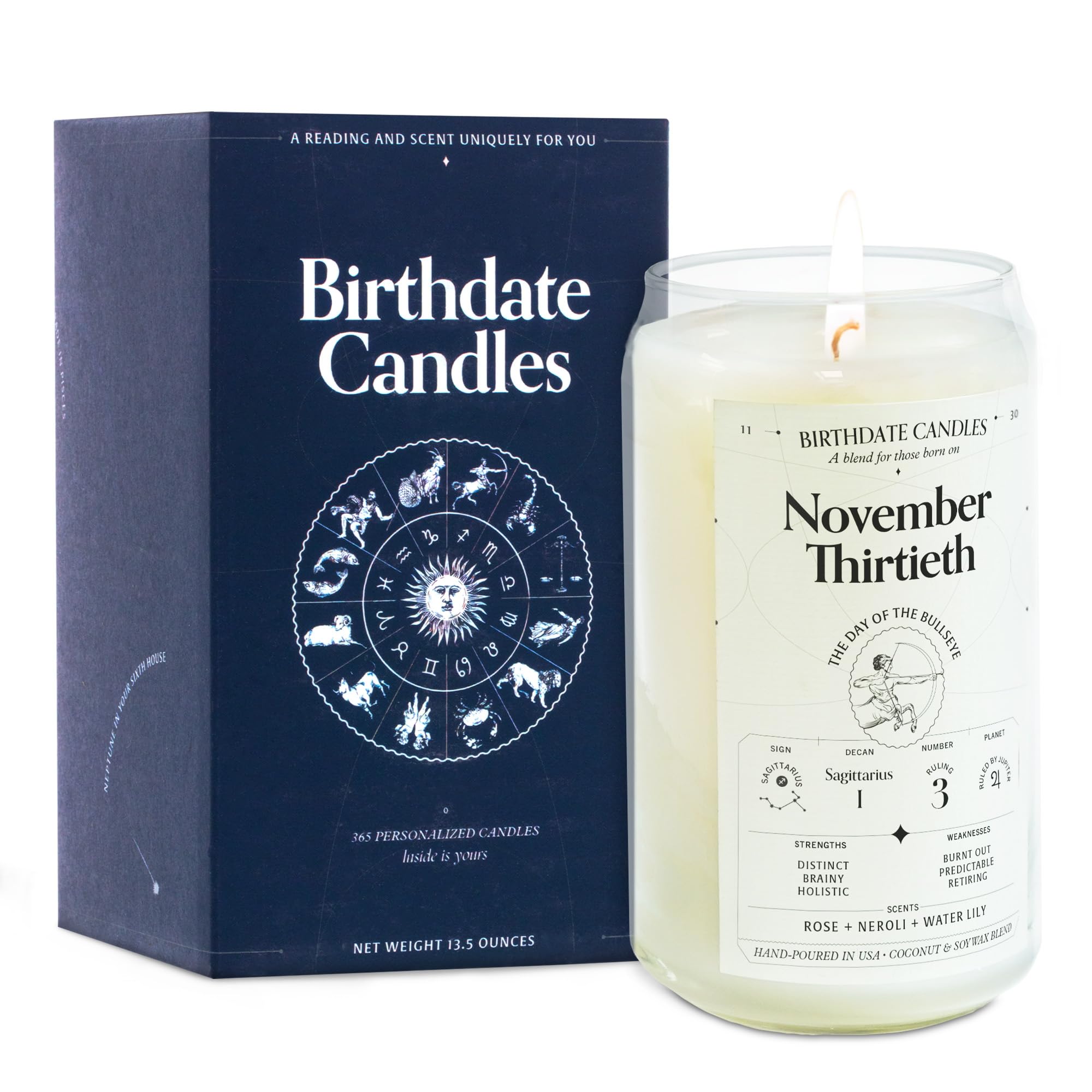 Birthdate Candles, November 30 - Sagittarius Zodiac Scented Candles Birthday Gift - Rose, Neroli & Water Lily Scent - All-Natural Soy & Coconut Wax,