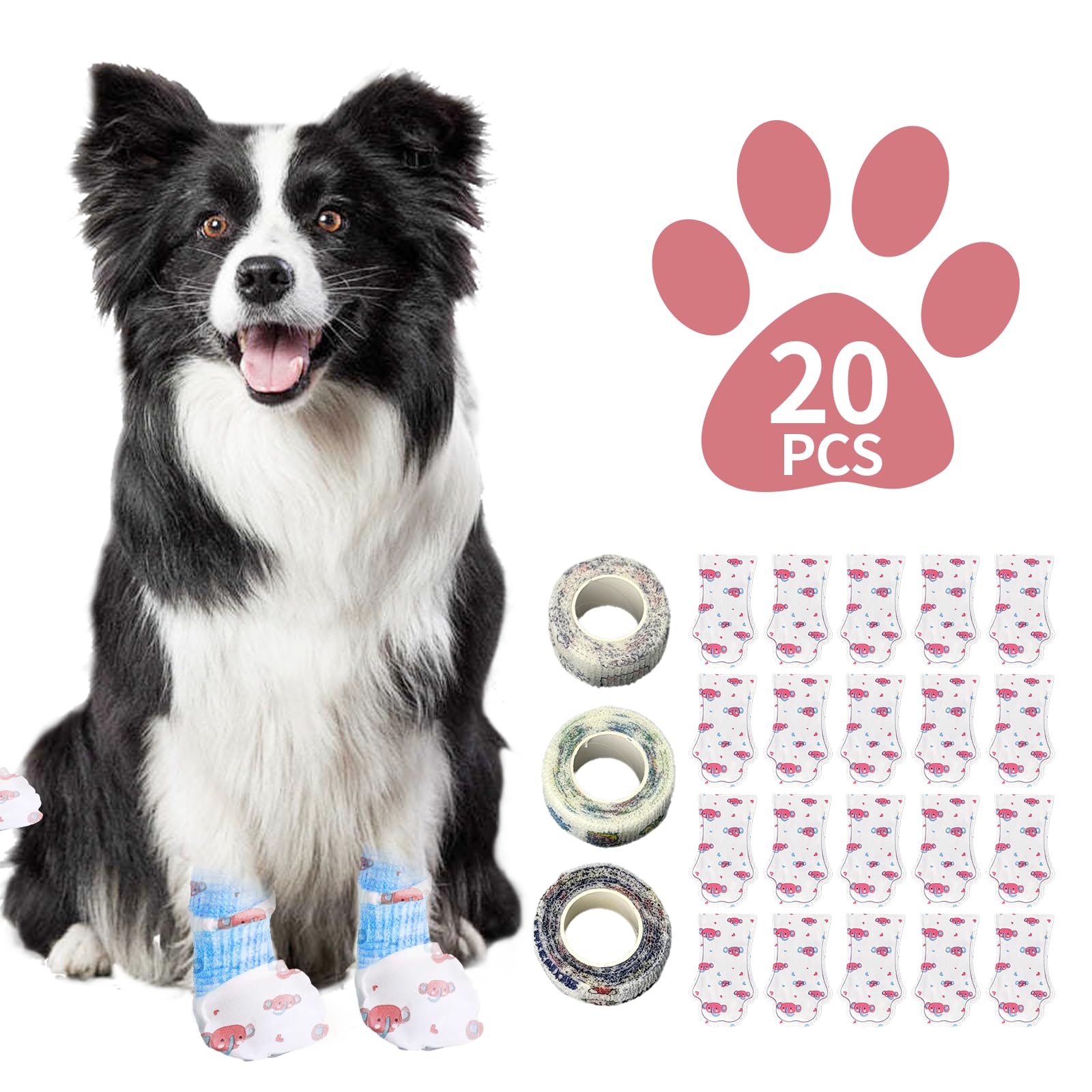 Disposable Dog Booties for Dog Cats, Pet Booties Waterproof and Breathable with Adjustable Bandage,Unstoppable Paw Protectors for Dogs Cats, 20 Counts