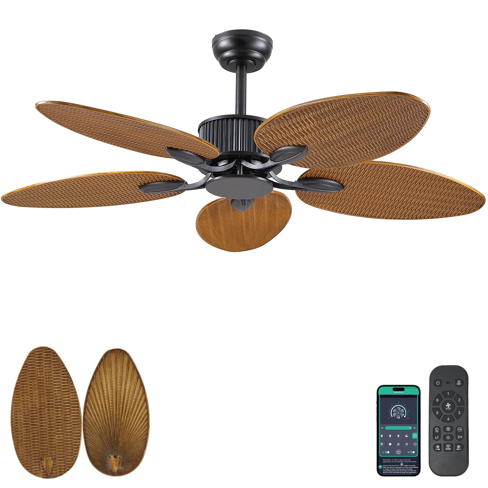 Photo 1 of Wiviniya 50 Inch Tropical Ceiling Fan no Light, Palm Leaf Waterproof Outdoor Ceiling Fans for Patios Porch, Remote/APP Control, Wet Rated, 6 Speeds, Reversible Quiet DC Motor, Wood Grain