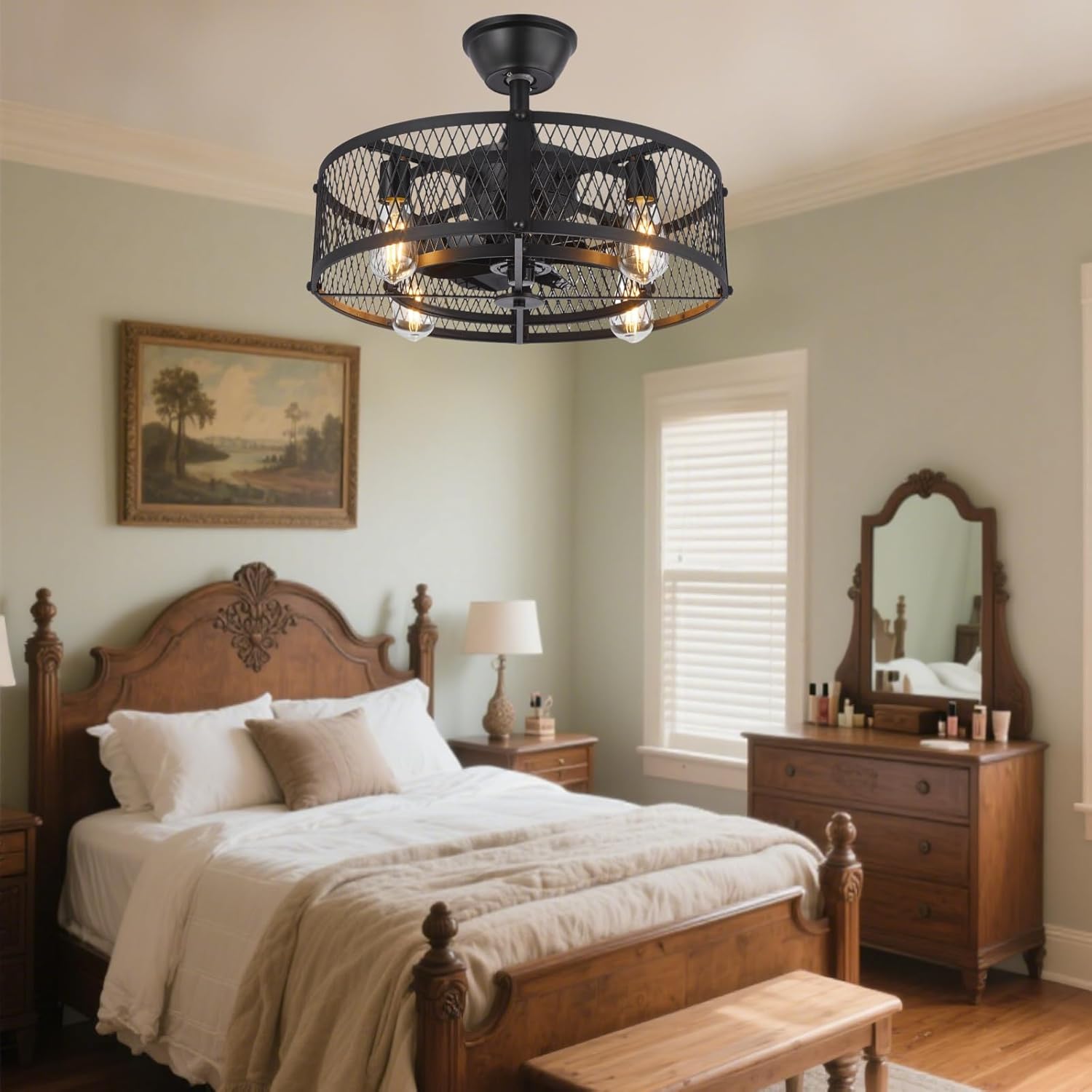 DLLT Caged Ceiling Fan with Light: 20" Farmhouse Fandelier with Light and Remote - Black Rustic Chandelier with Fan for Bedroon Kitchen Living Dining Room Black 20 Inches