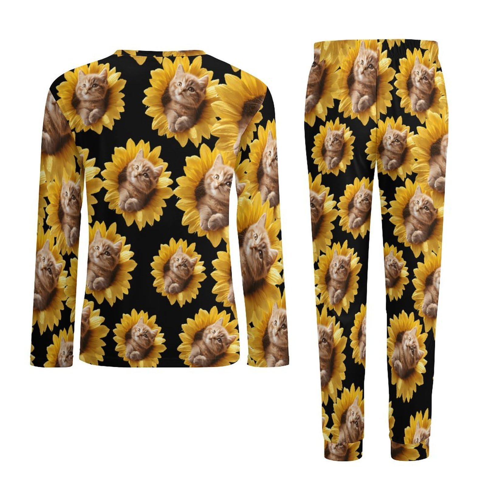 Conjunto de pijama de girasol para hombre, cuello redondo, 2 piezas, manga larga, suave, transpirable para todas las estaciones