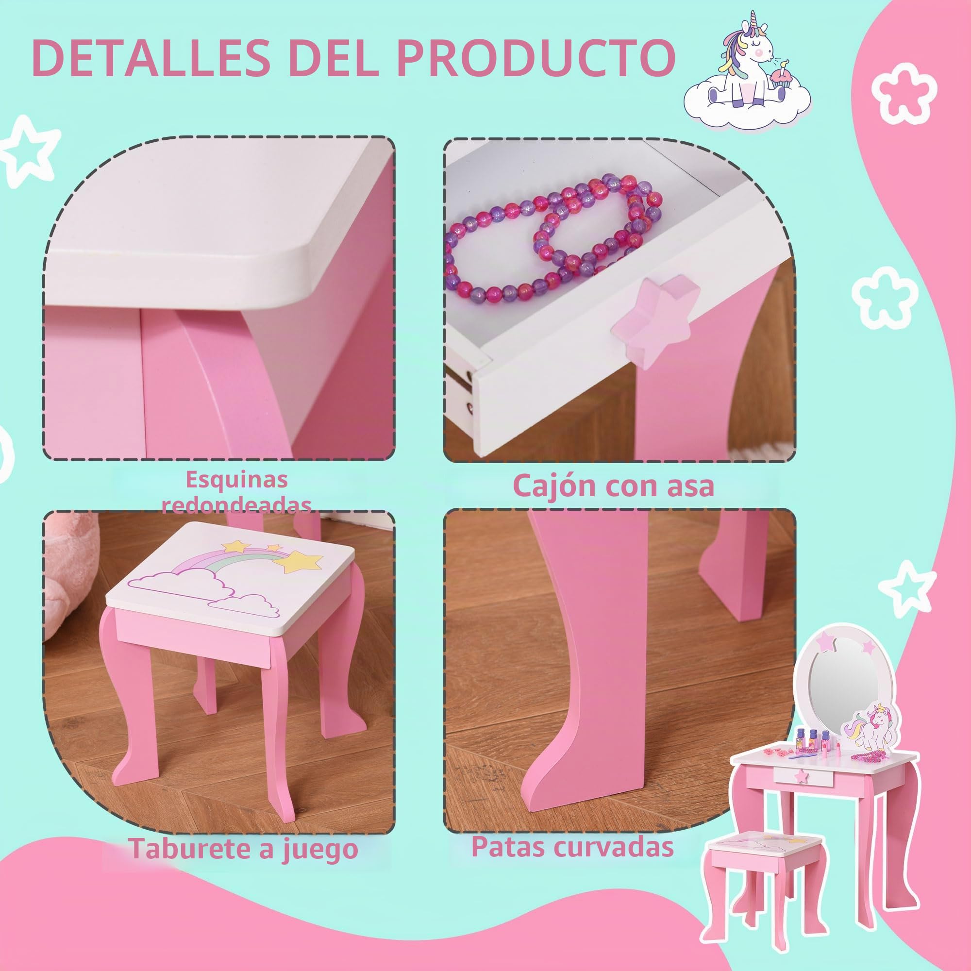 HOMCOM - Tocador infantil con diseño de unicornio, taburete incluido. 49 x 34 x 90 cm – cajón, espejo – MDF – rosa blanco