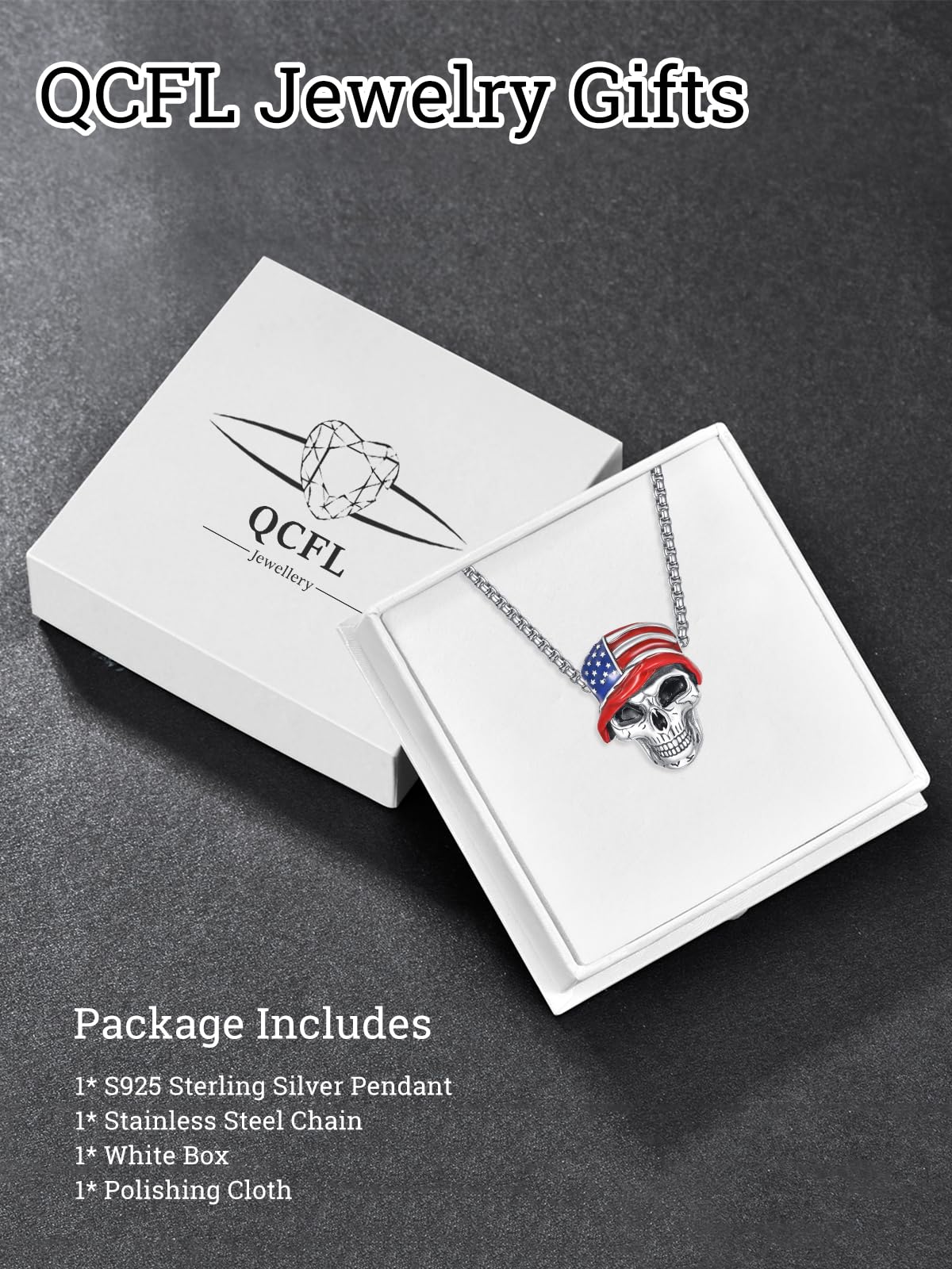 QCFL Skull Necklaces for Men, 925 Sterling Silver Mens Pendant Necklace, Cool Gothic Skull Jewelry Halloween Jewelry Gifts for Men Husband Him Father Son: American Flag