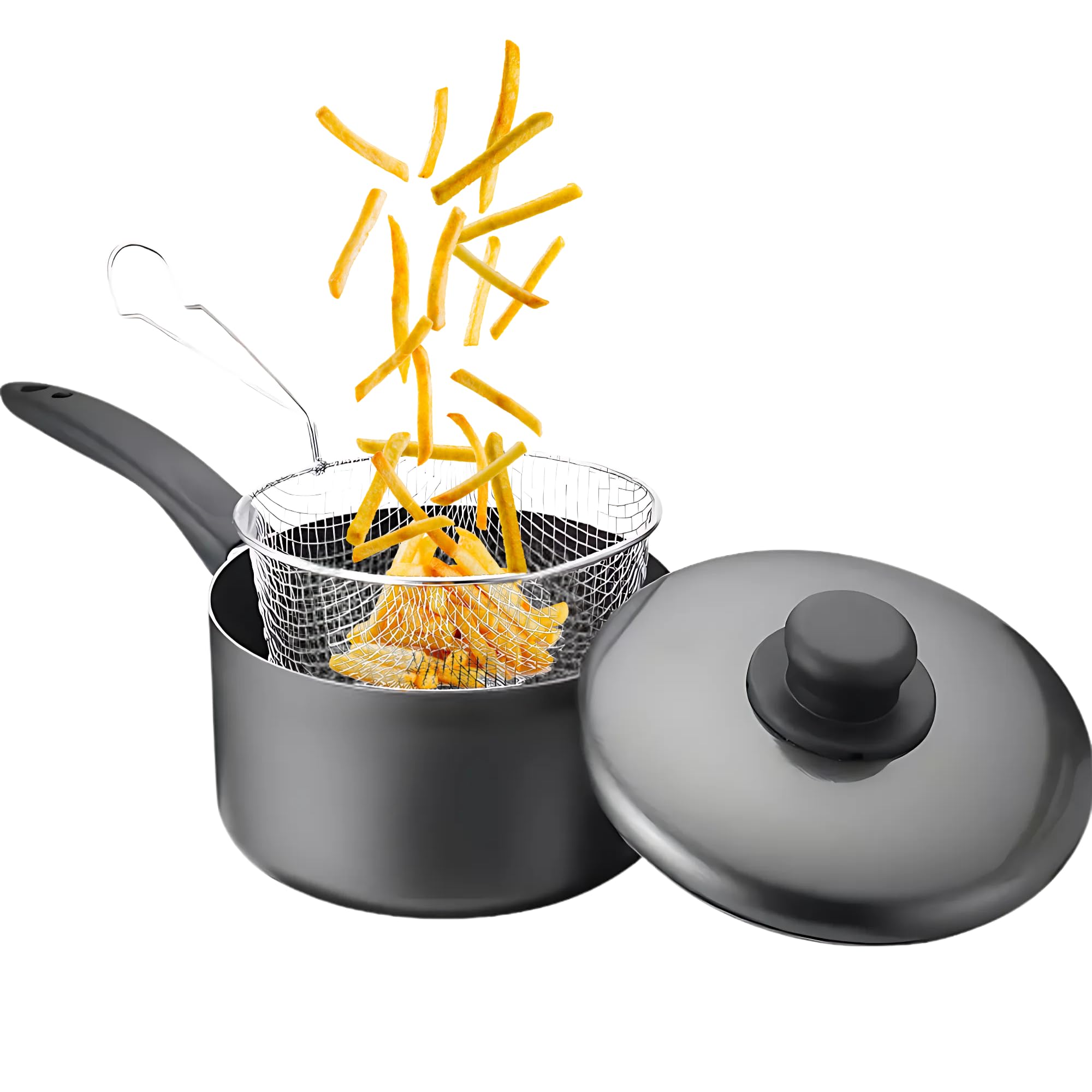 23cm Chip Pan Deep Fat Fryer Set | 9 Inch 3pc Durable Non-Stick Black Chip Pan with Plastic Handles | Pot + Lid & Basket | Home | Food Ideal for Home & Pro Cooking (4.5 litres)