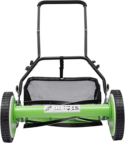 Miniatura 6 de Cortacésped manual inalámbrico de 16 pulgadas con 5 cuchillas con cesta de recolección de césped y rueda, altura ajustable de 9 posiciones (1.34 a