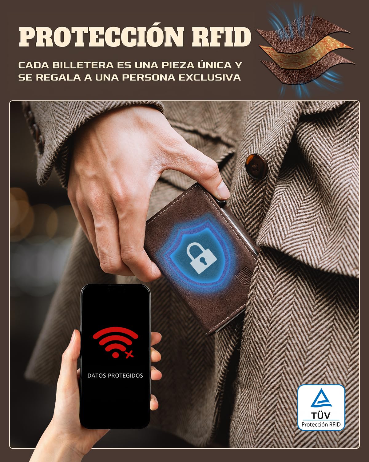 DODENSHA MagSnap Cartera para Hombre I Slim Wallet con Compartimento para Monedas XL para más de 10 Monedas I Tarjetero para Hombre para 10 + Tarjetas (Marrón Plateado)