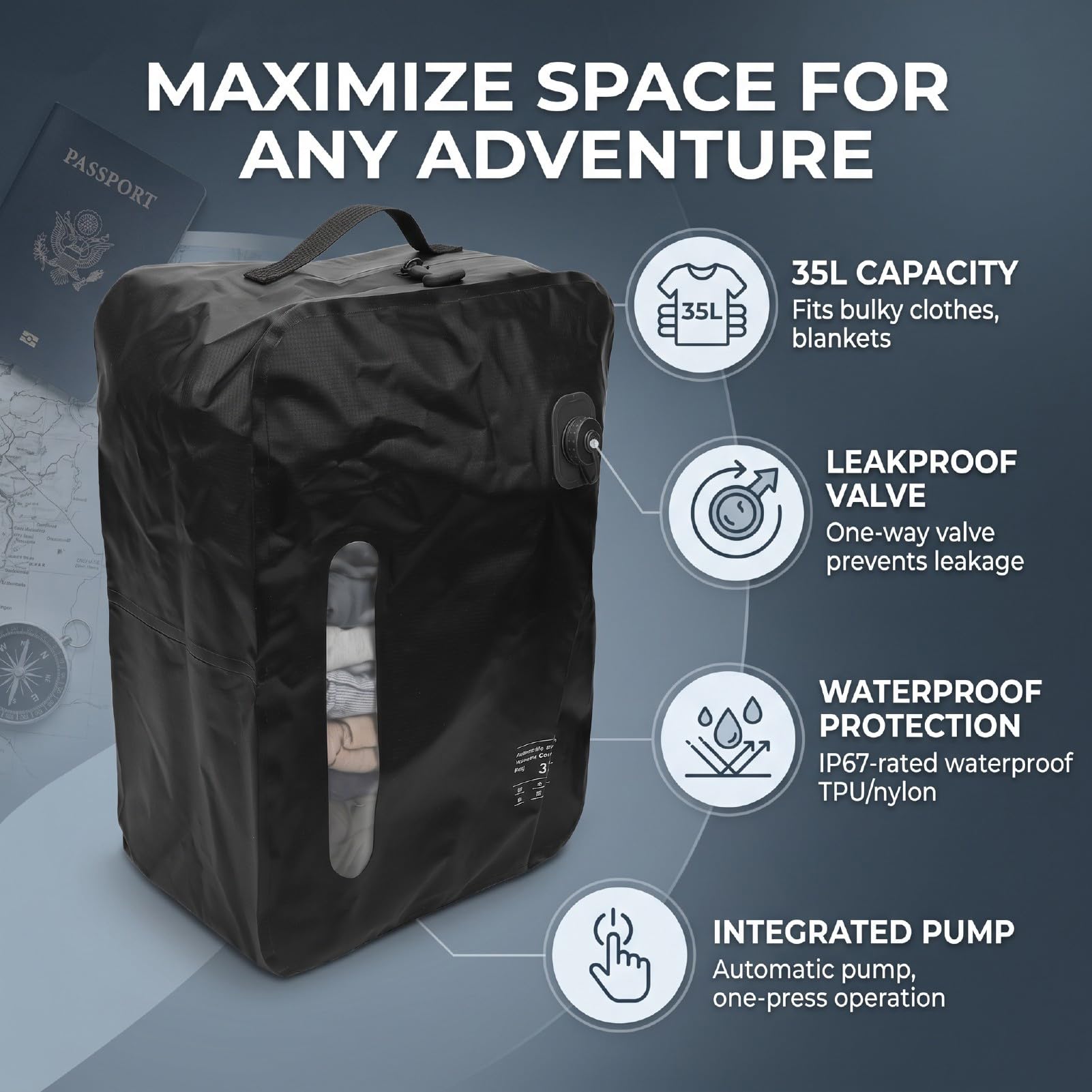 Cocoarm Sacco a Compressione Sottovuoto Borsa da Viaggio da 35 Litri con TPU e Valvola Unidirezionale in Nylon 210D Zip IP67 Organizzatore di Bagagli Riutilizzabile per Imballaggio di Vestiti e