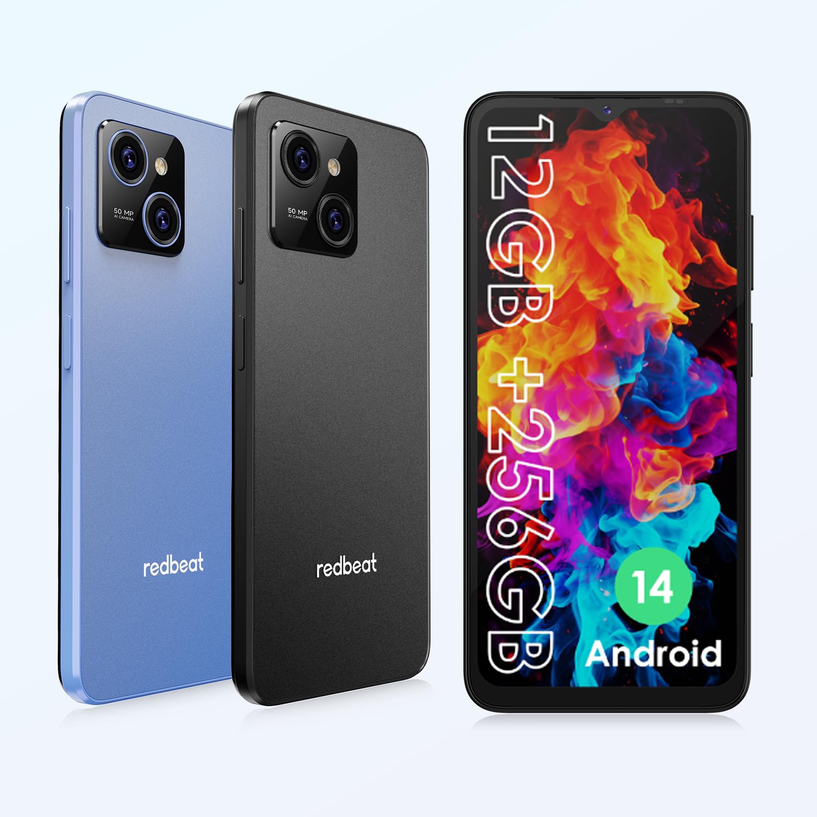 redbeat E3 Gaming Phone Android 14 Smartphone Sbloccato - 1.6GHz Processore Octa-Core 6.6" HD 12GB RAM 256GB ROM (1TB Espandibile)，5000mAh Battery，4G LTE Dual SIM，50MP Camerca Telefono Blu