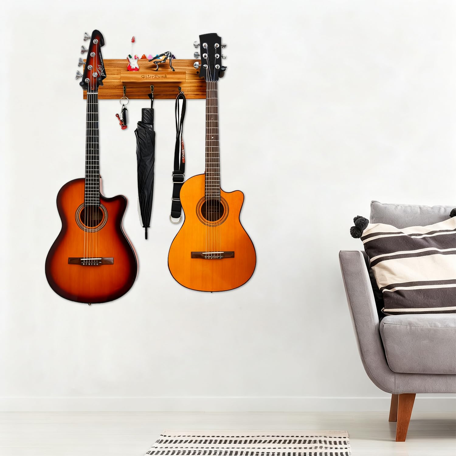 Supporto da parete per chitarra, gancio da parete per chitarra in legno massiccio con 3 ganci e 2 ganci girevoli in gomma per chitarra, espositore per chitarra con ripiano e porta plettri per chitarra