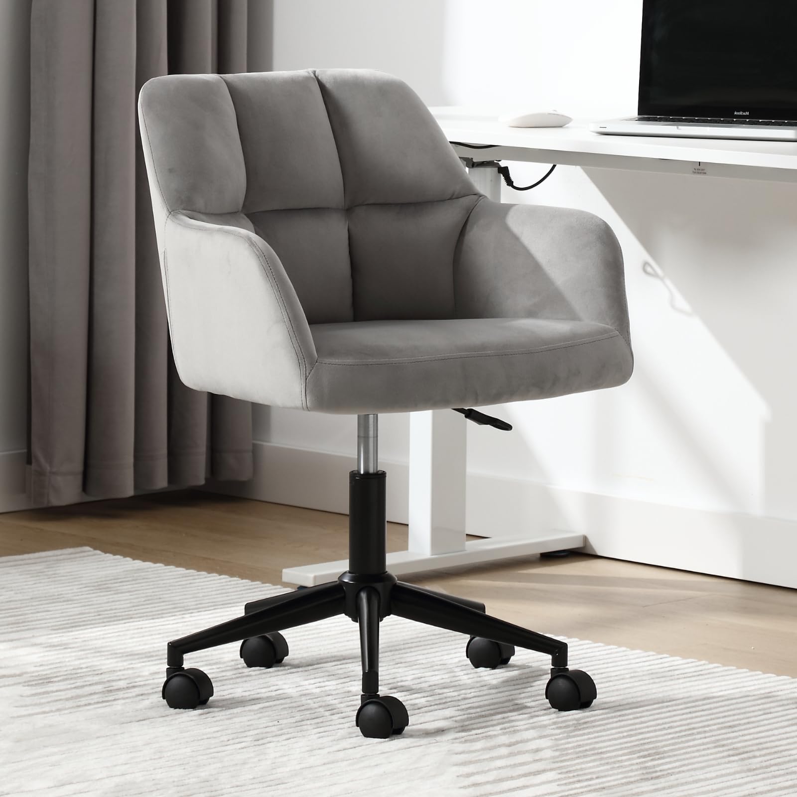 chairus Chaise de Bureau en Velours Fauteuil Travail Pivotant à 360° pour Salon Chambre Chaise Rembourré avec Hauteur Réglable (Gris (roulettes))