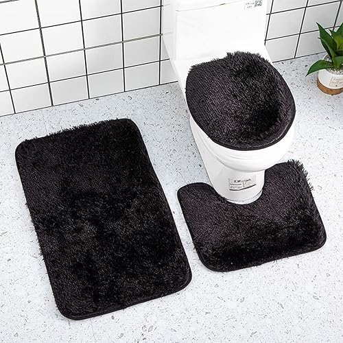 Juego de 3 alfombras de baño, ultra suaves, antideslizantes y absorbentes, de felpilla para baño, bañera, ducha, color sólido, color negro