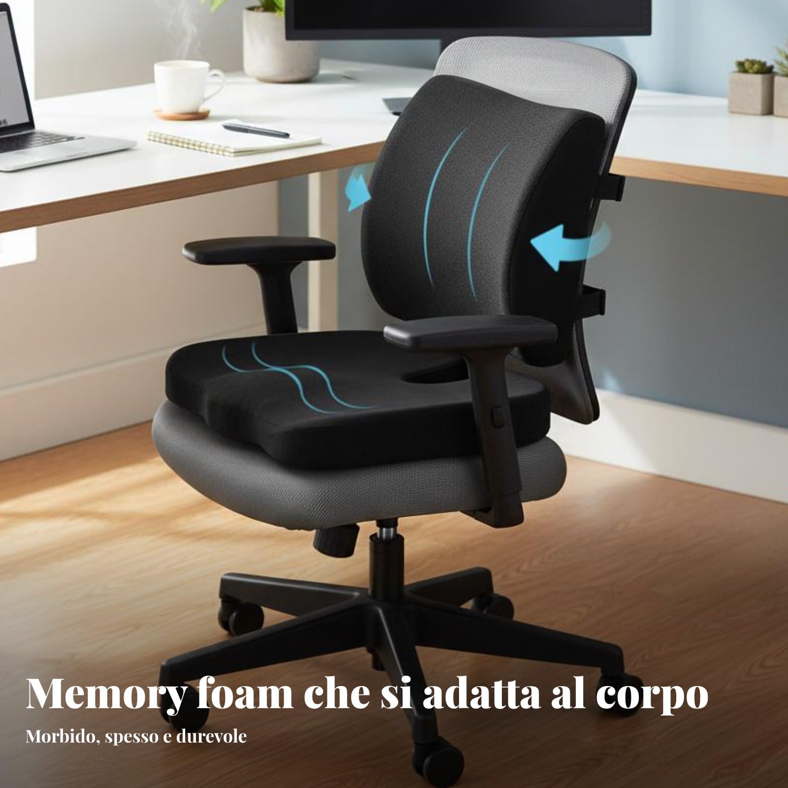 Cuscino Ortopedico Ergonomico Set Comfort Schiena E Seduta Cuscino Sedia Supporto Lombare Cuscino Ufficio Schiuma Memory Che Mantiene La Forma, Grigio, Set Rete